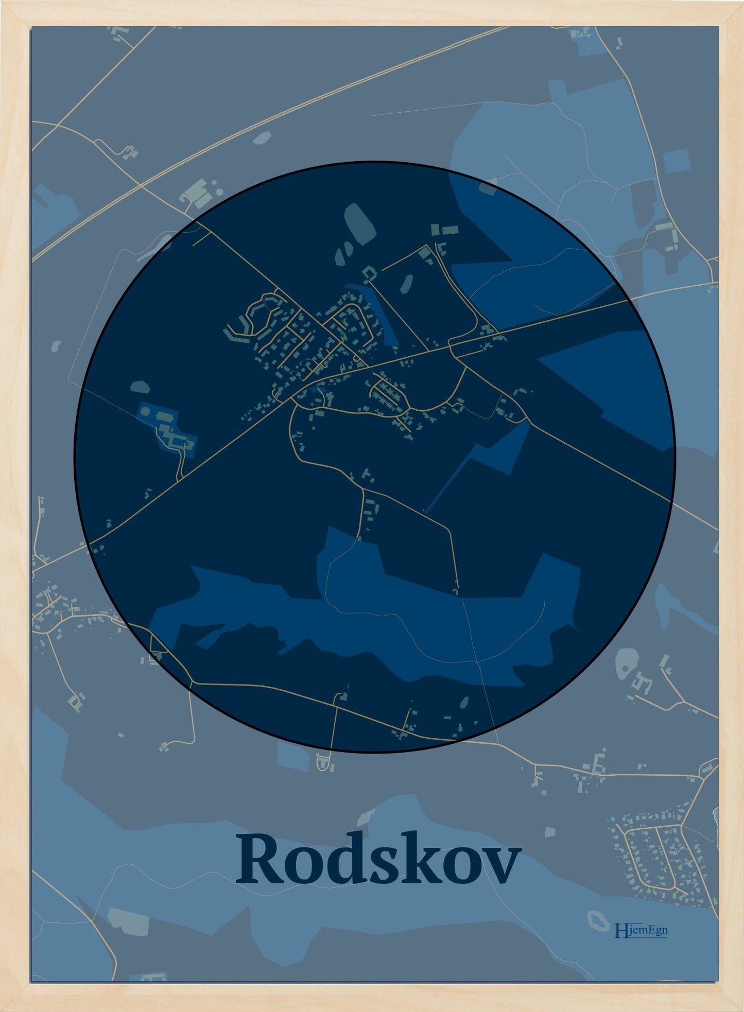 Rodskov plakat i farve mørk blå og HjemEgn.dk design centrum. Design bykort for Rodskov
