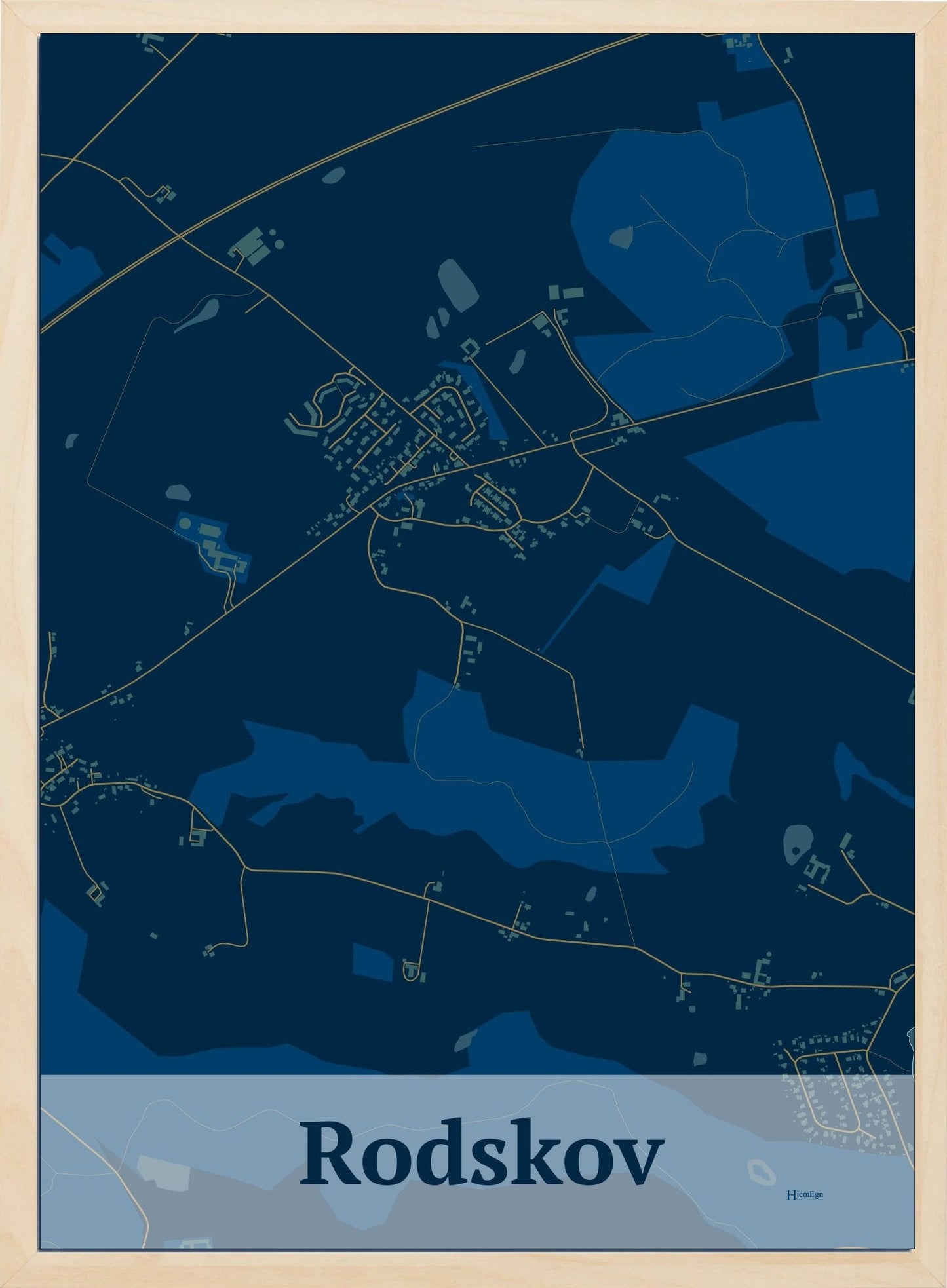 Rodskov plakat i farve mørk blå og HjemEgn.dk design firkantet. Design bykort for Rodskov