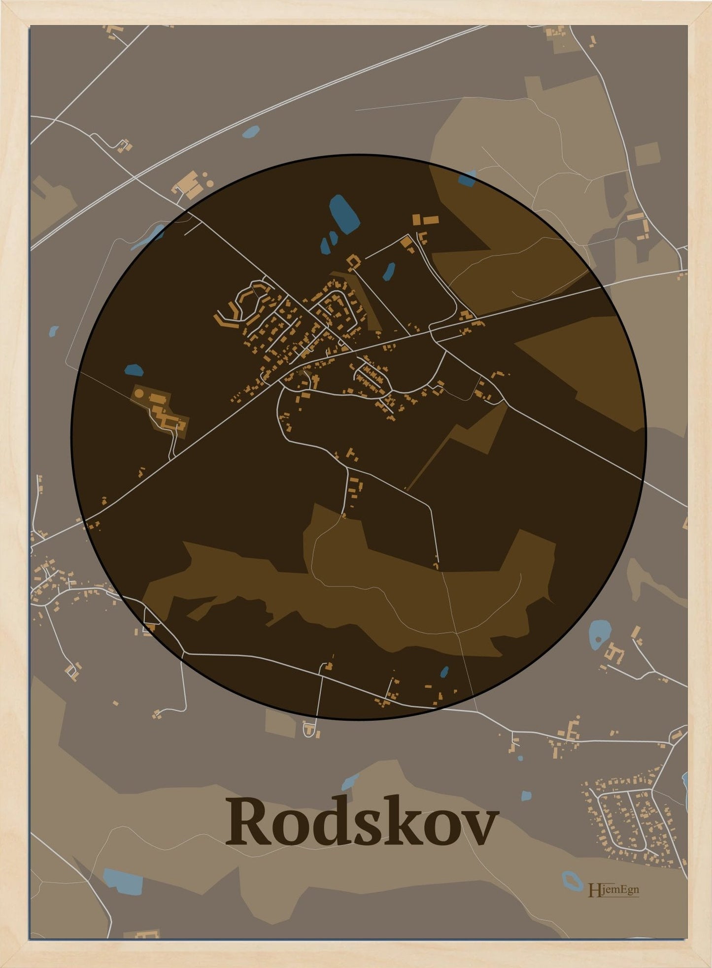 Rodskov plakat i farve mørk brun og HjemEgn.dk design centrum. Design bykort for Rodskov