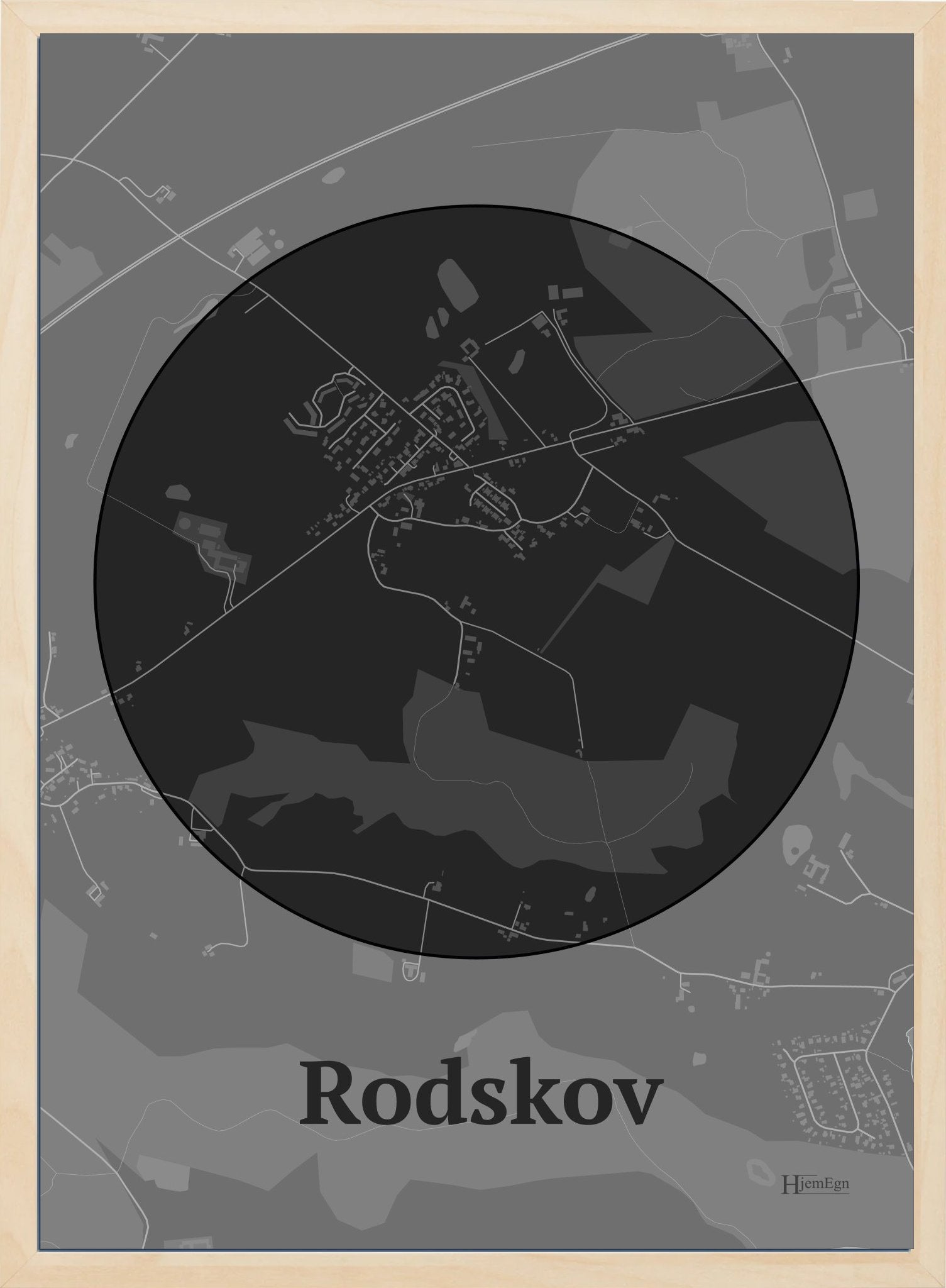 Rodskov plakat i farve mørk grå og HjemEgn.dk design centrum. Design bykort for Rodskov