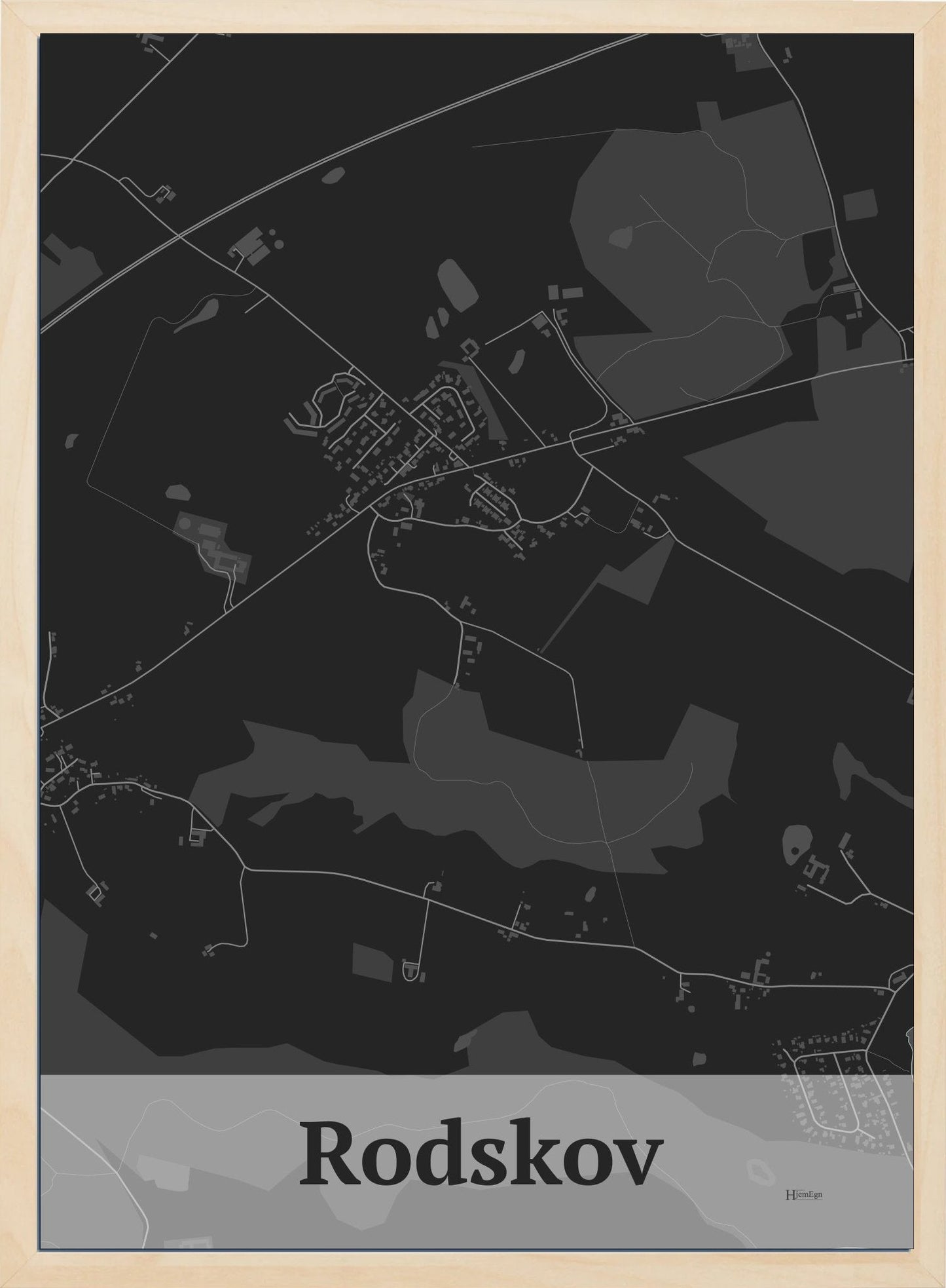 Rodskov plakat i farve mørk grå og HjemEgn.dk design firkantet. Design bykort for Rodskov