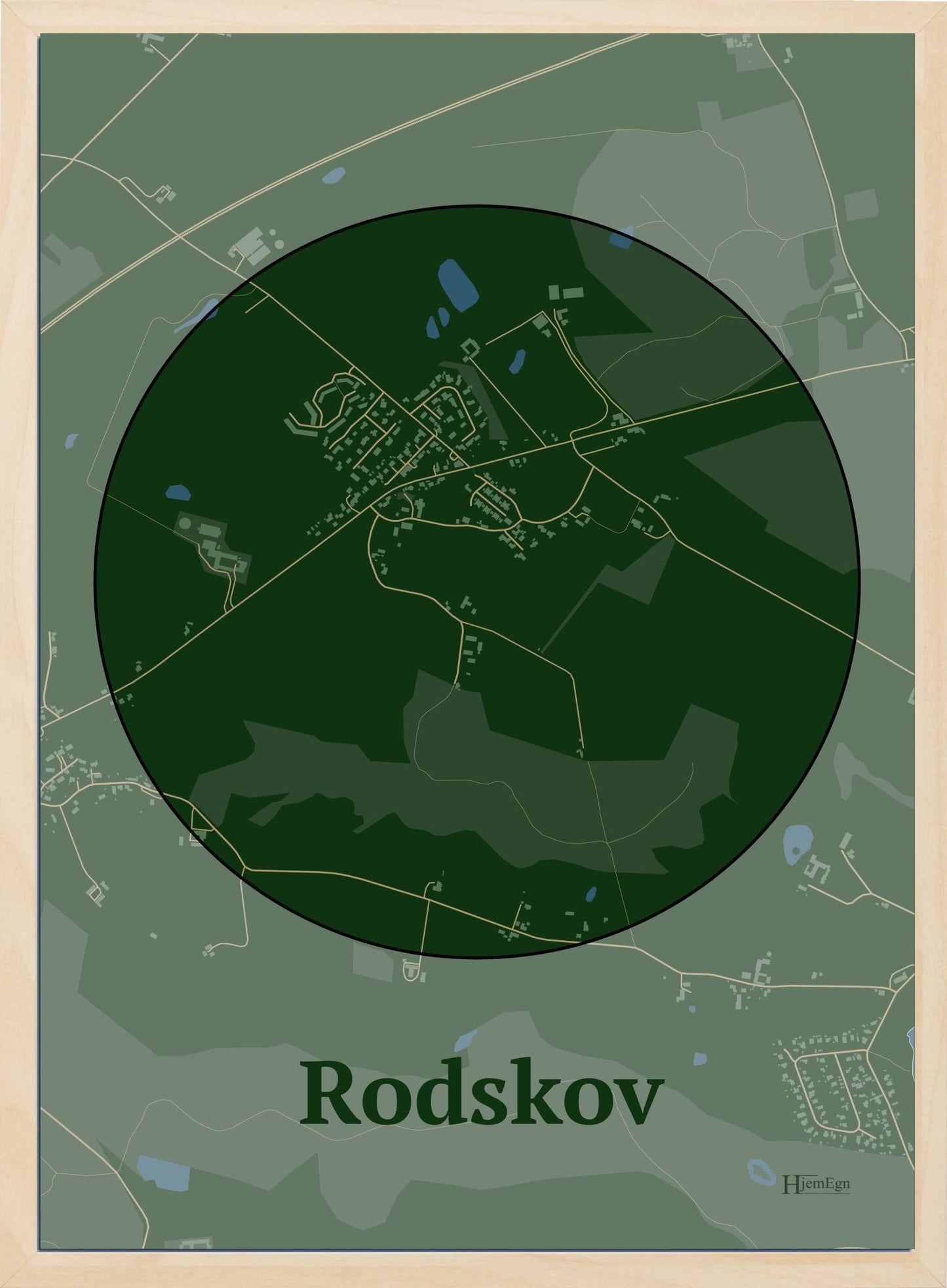 Rodskov plakat i farve mørk grøn og HjemEgn.dk design centrum. Design bykort for Rodskov