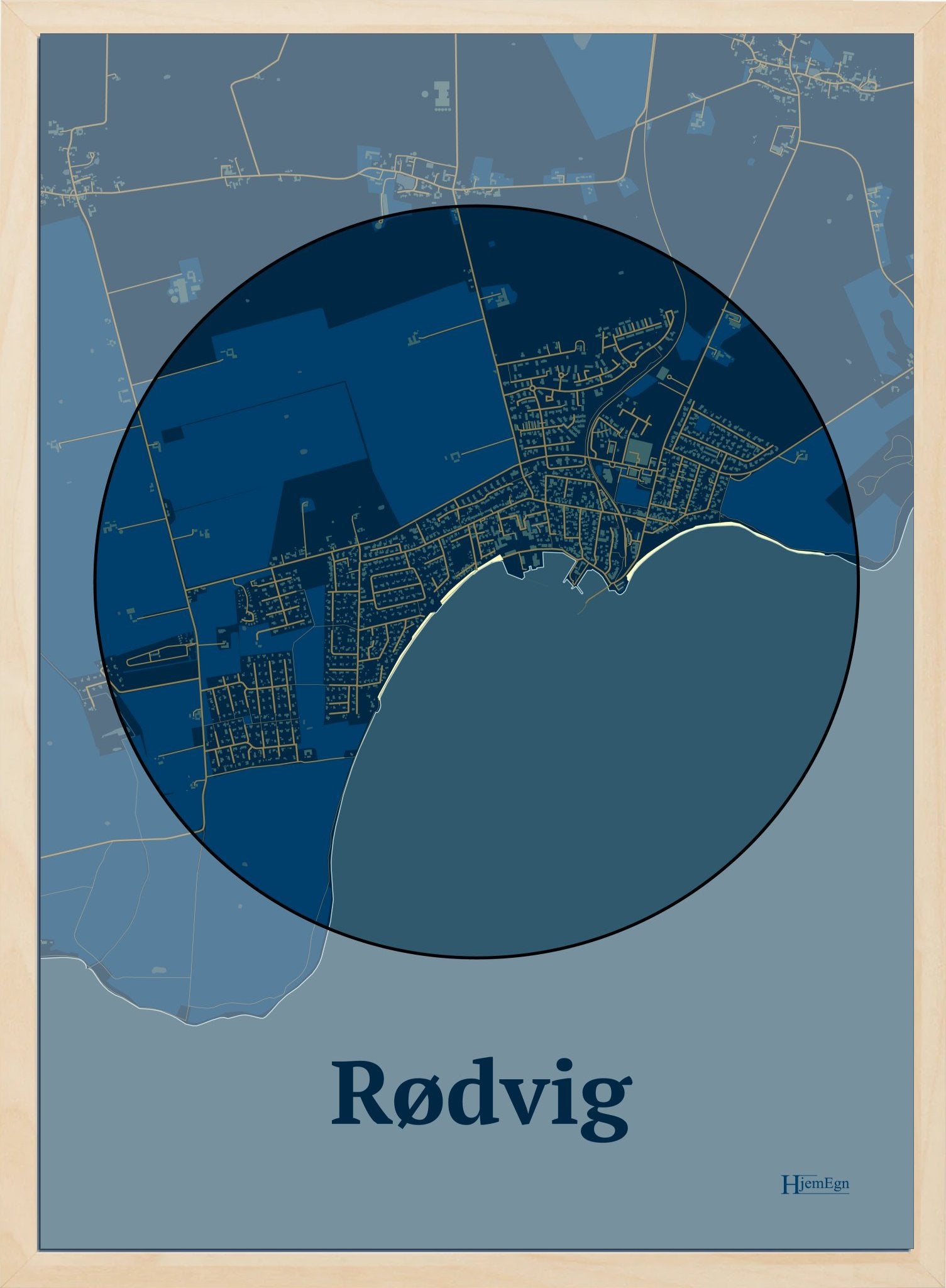 Rødvig plakat i farve mørk blå og HjemEgn.dk design centrum. Design bykort for Rødvig