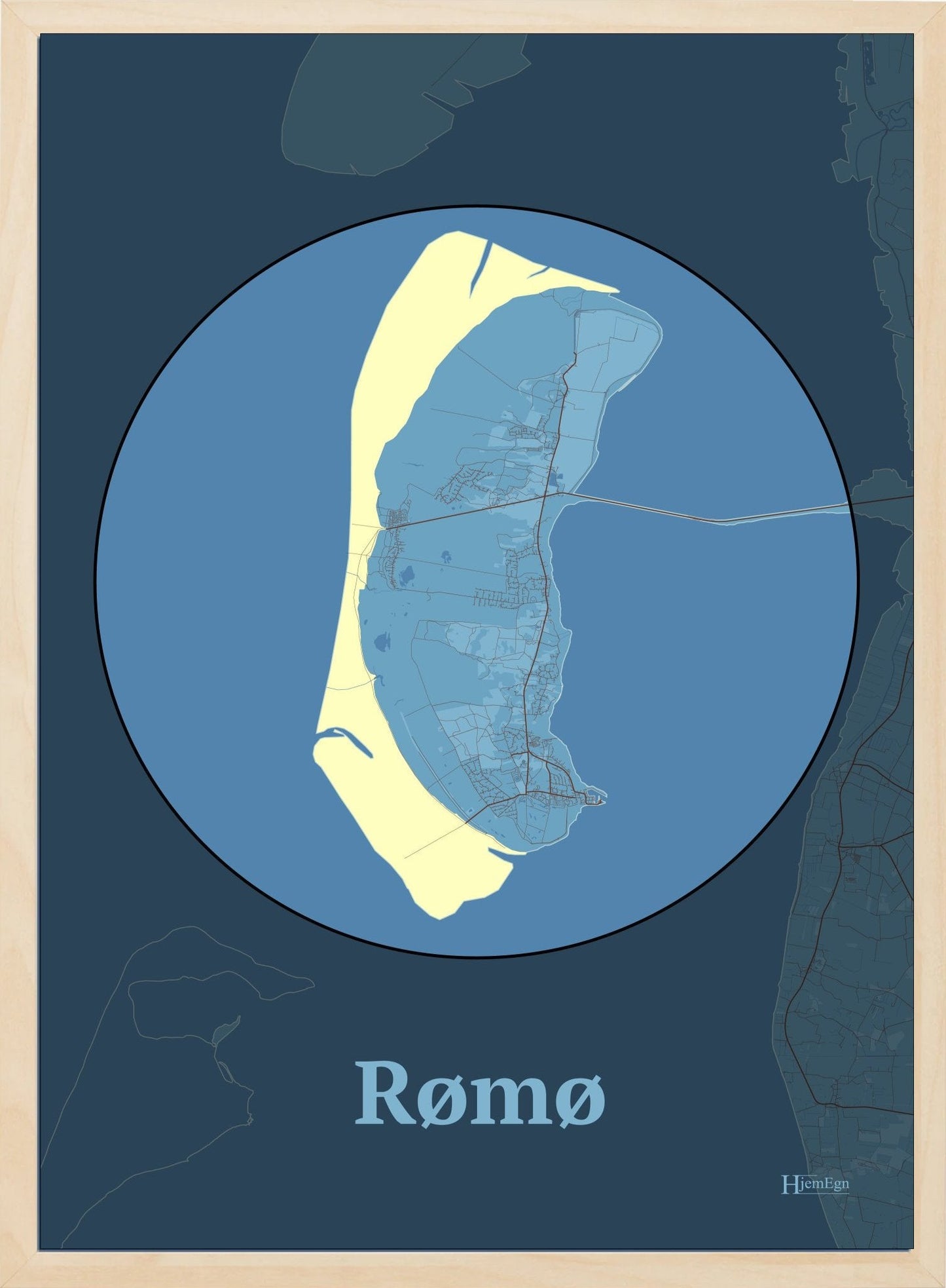 Rømø plakat i farve pastel blå og HjemEgn.dk design centrum. Design ø-kort for Rømø