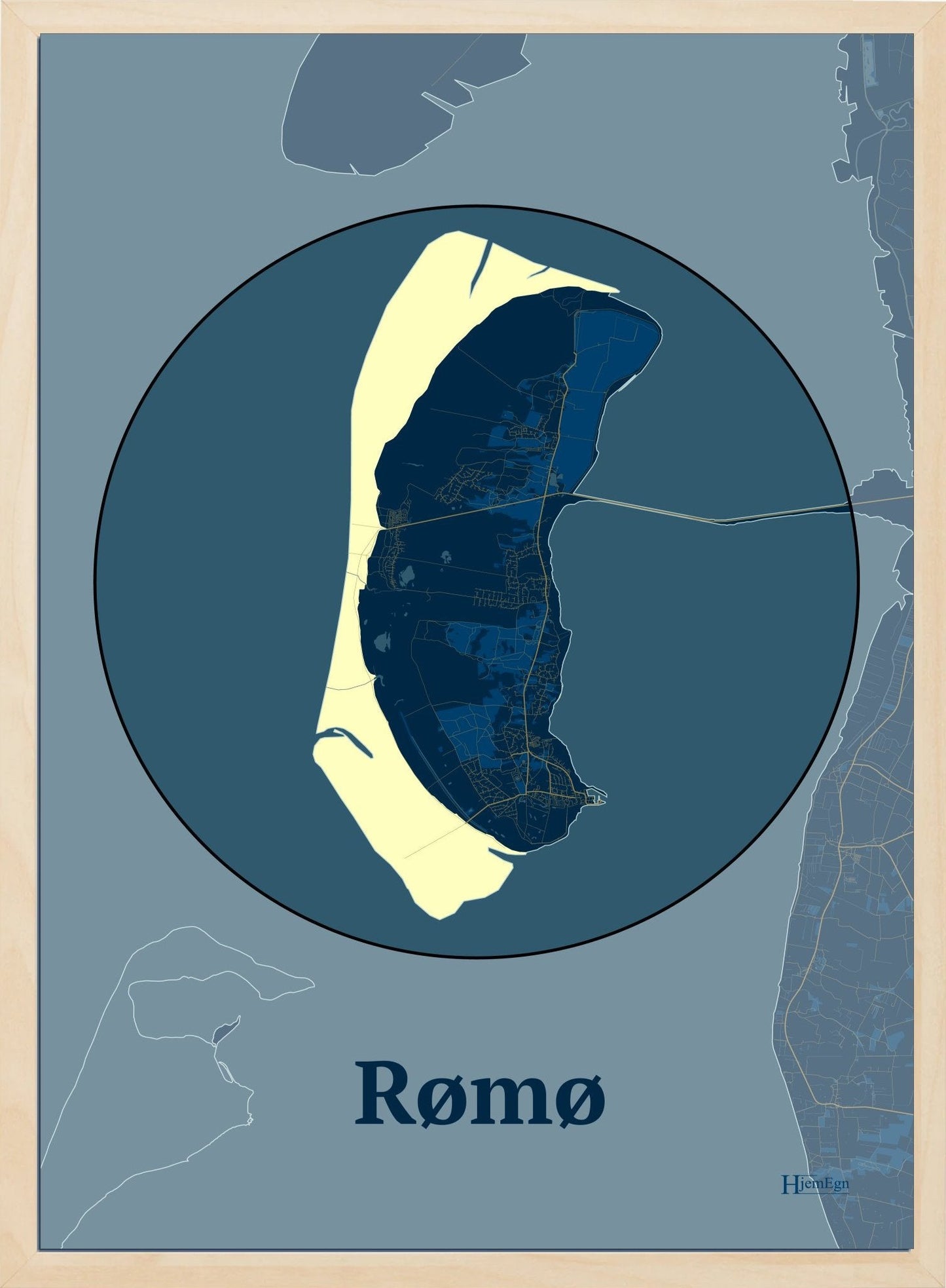 Rømø plakat i farve mørk blå og HjemEgn.dk design centrum. Design ø-kort for Rømø