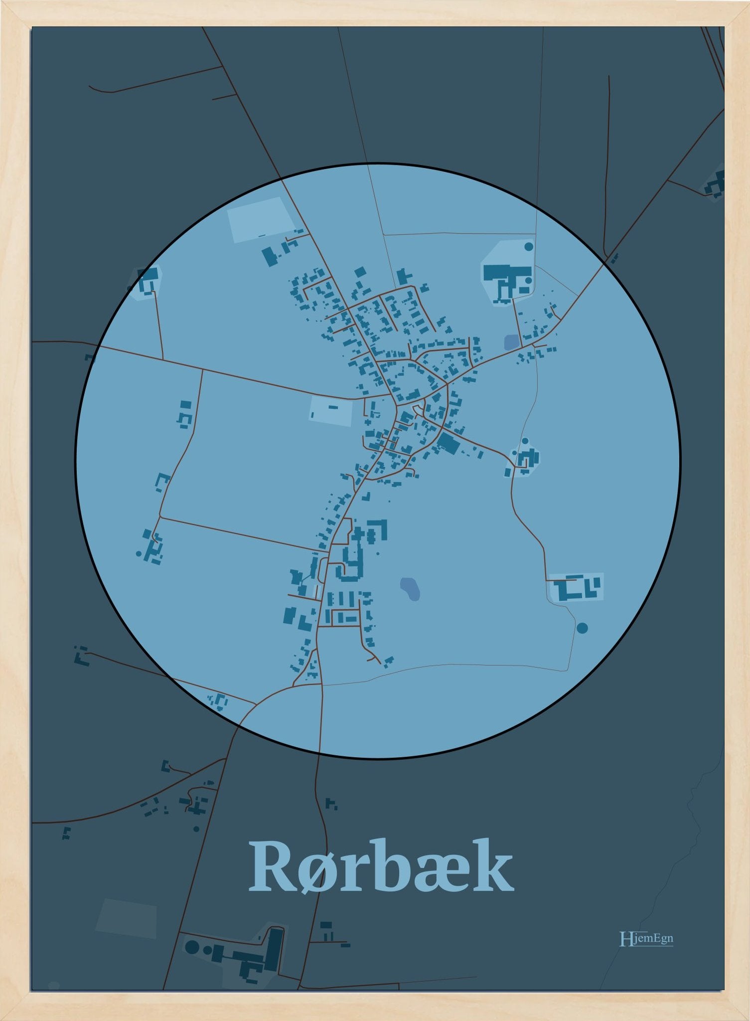 Rørbæk plakat i farve pastel blå og HjemEgn.dk design centrum. Design bykort for Rørbæk