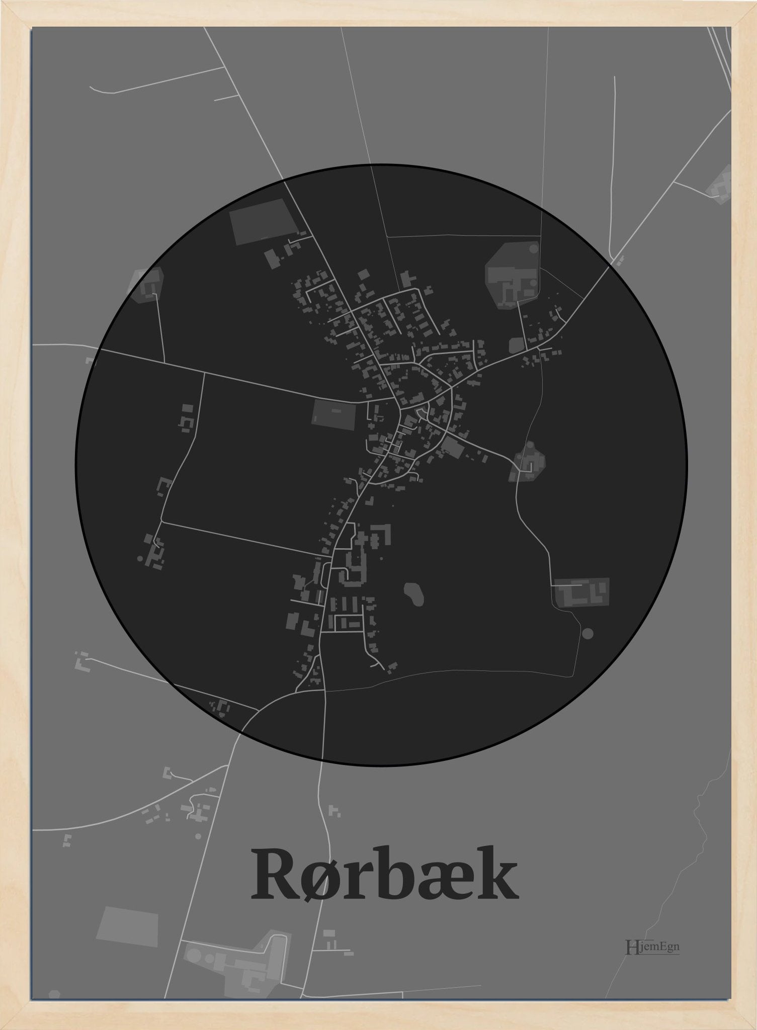 Rørbæk plakat i farve mørk grå og HjemEgn.dk design centrum. Design bykort for Rørbæk