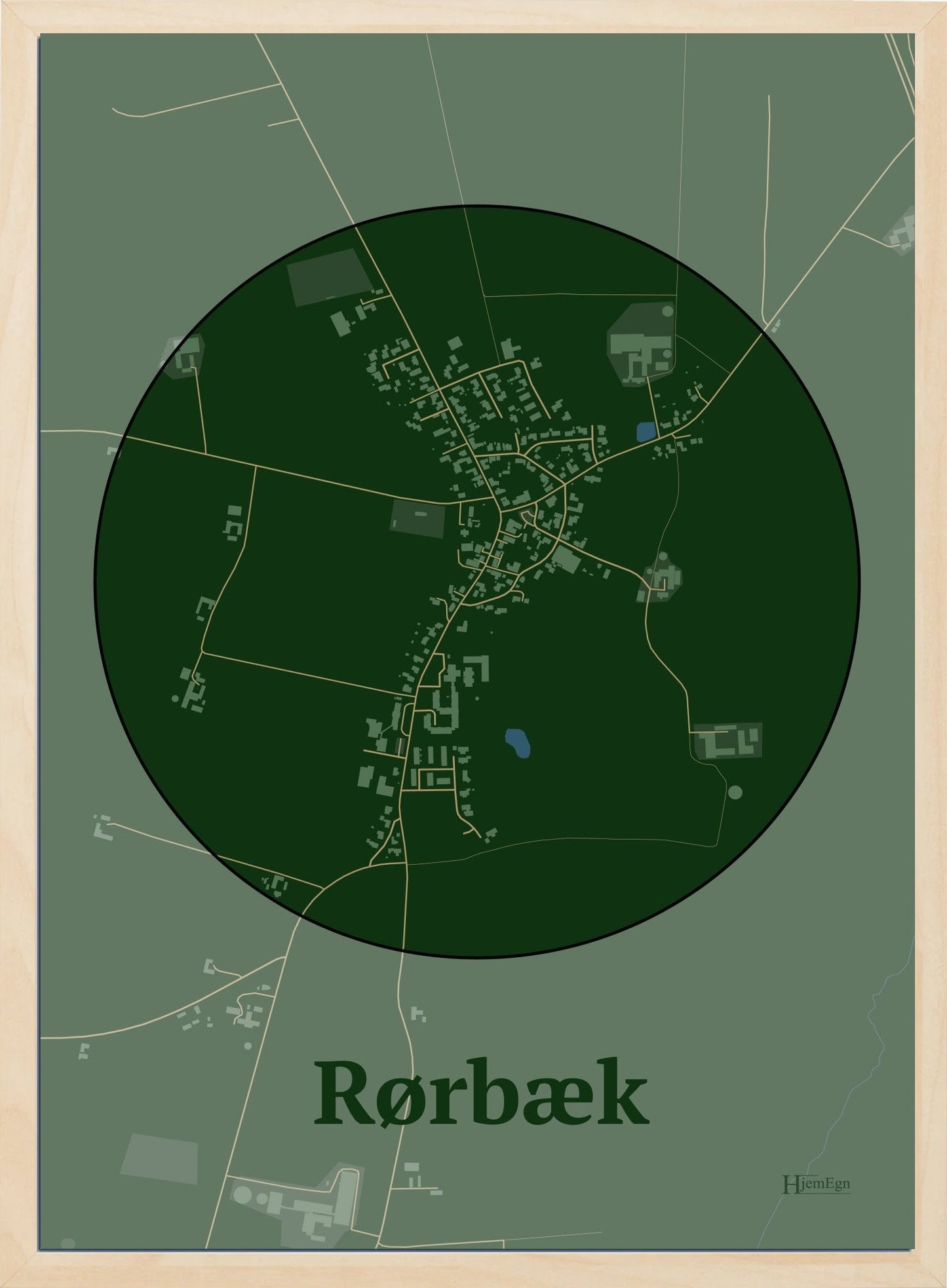 Rørbæk plakat i farve mørk grøn og HjemEgn.dk design centrum. Design bykort for Rørbæk