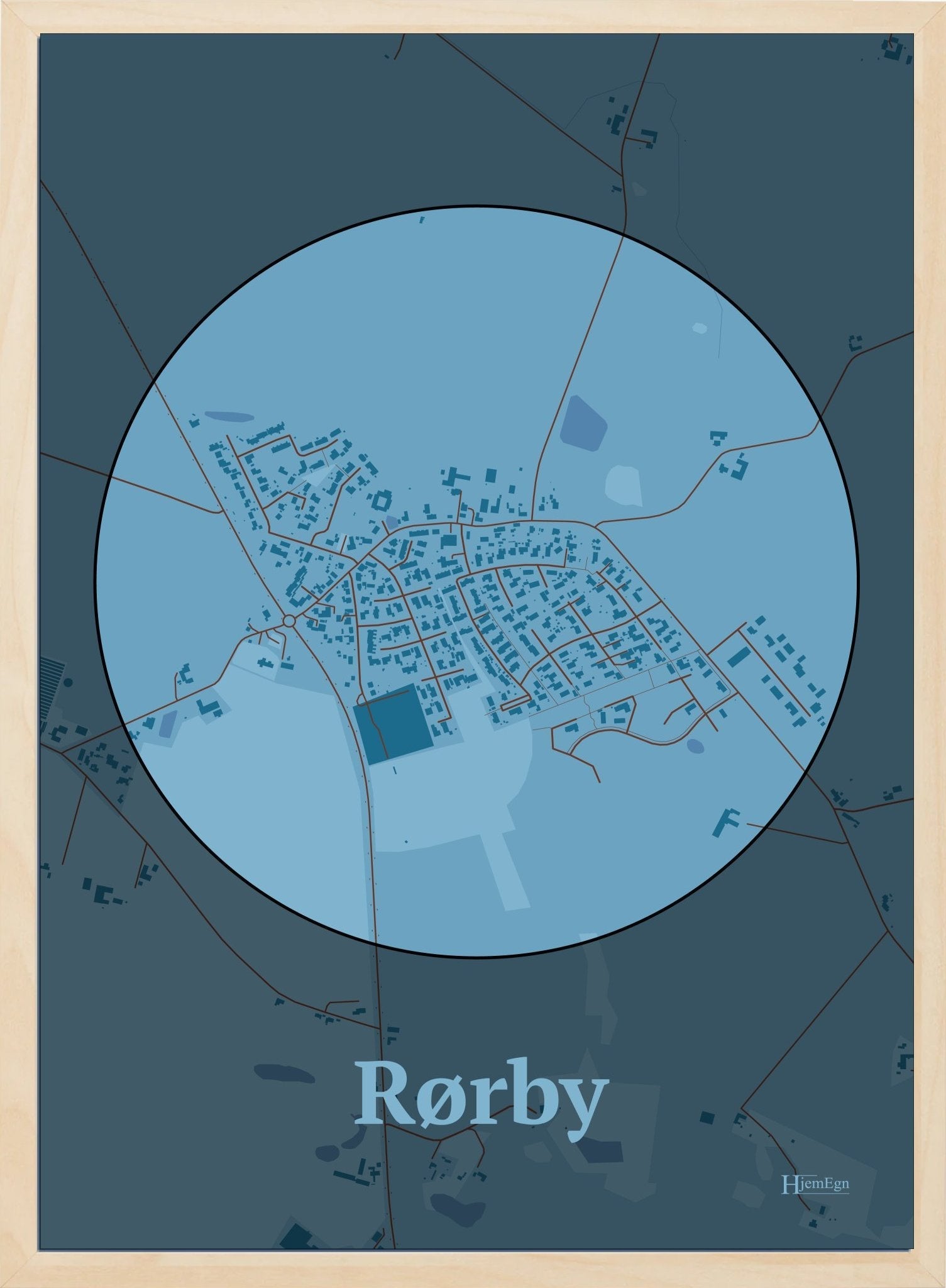 Rørby plakat i farve pastel blå og HjemEgn.dk design centrum. Design bykort for Rørby