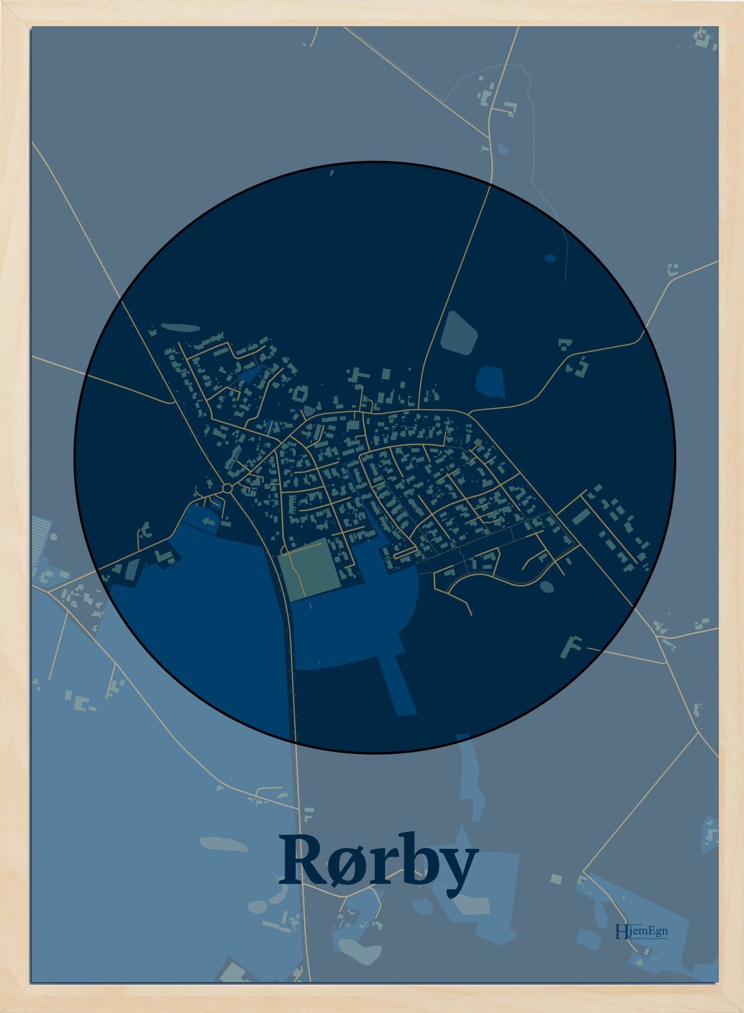 Rørby plakat i farve mørk blå og HjemEgn.dk design centrum. Design bykort for Rørby