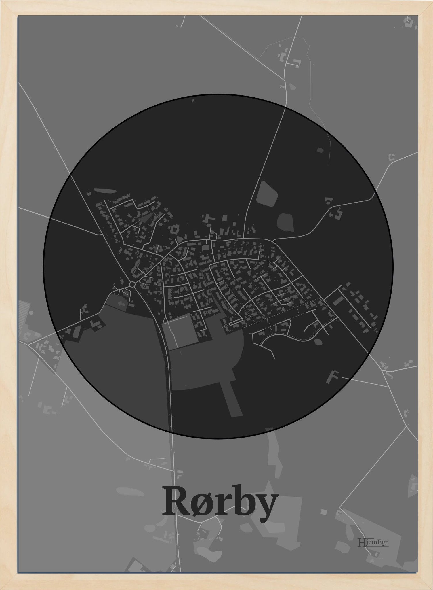 Rørby plakat i farve mørk grå og HjemEgn.dk design centrum. Design bykort for Rørby