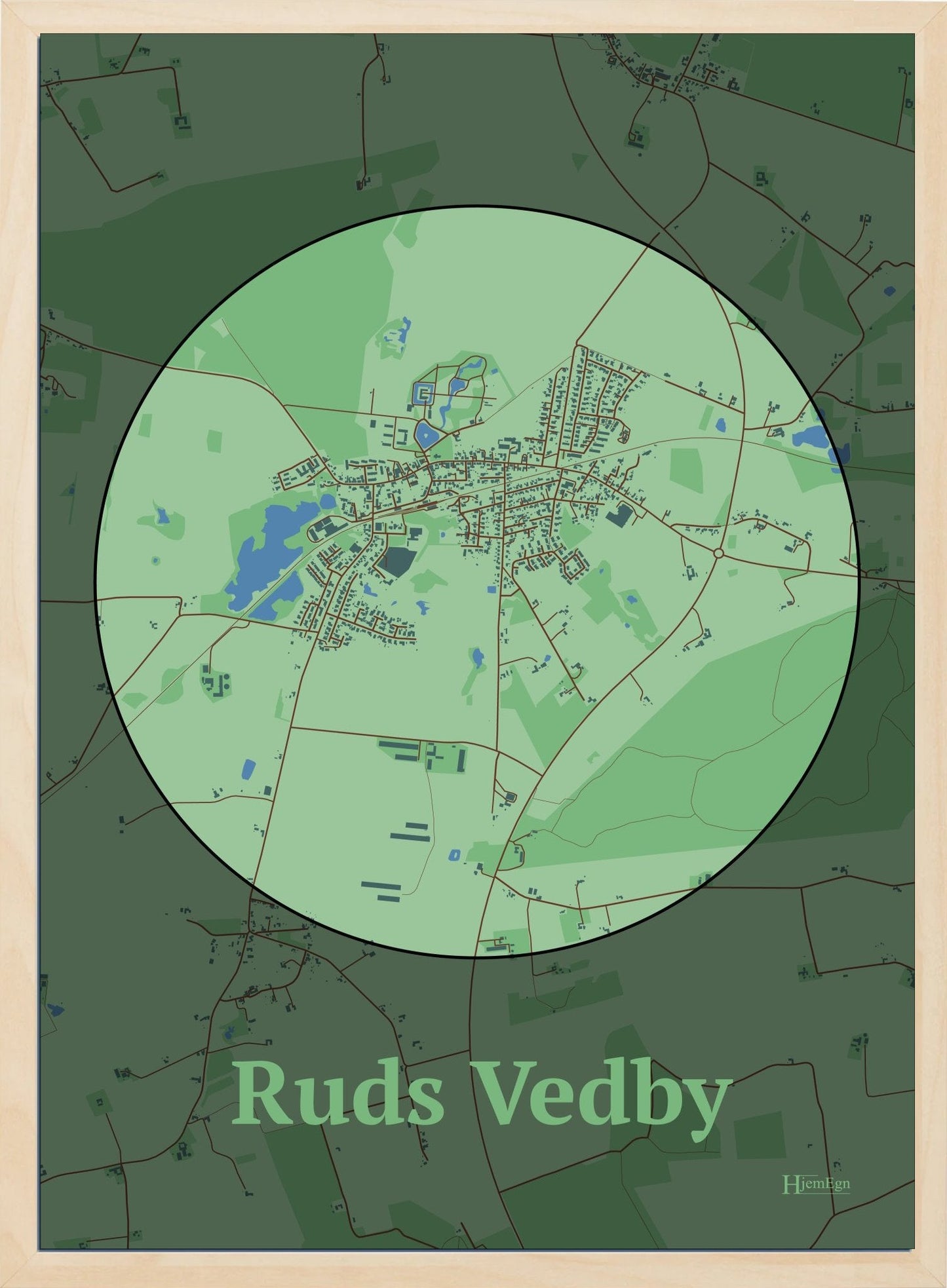 Ruds Vedby plakat i farve pastel grøn og HjemEgn.dk design centrum. Design bykort for Ruds Vedby