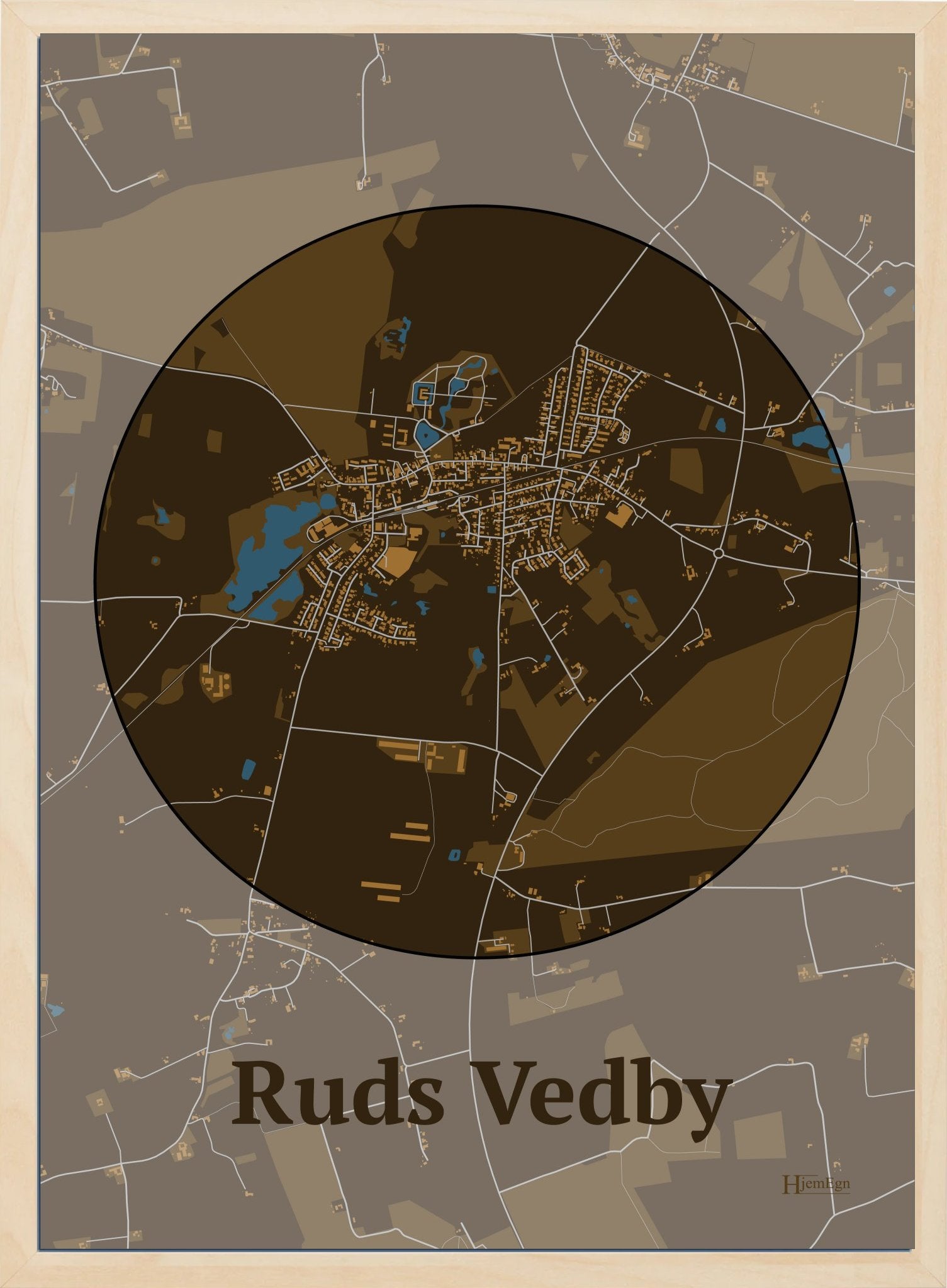 Ruds Vedby plakat i farve mørk brun og HjemEgn.dk design centrum. Design bykort for Ruds Vedby