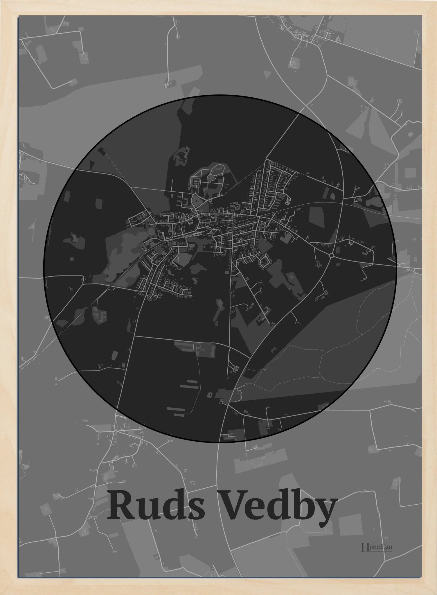 Ruds Vedby plakat i farve mørk grå og HjemEgn.dk design centrum. Design bykort for Ruds Vedby