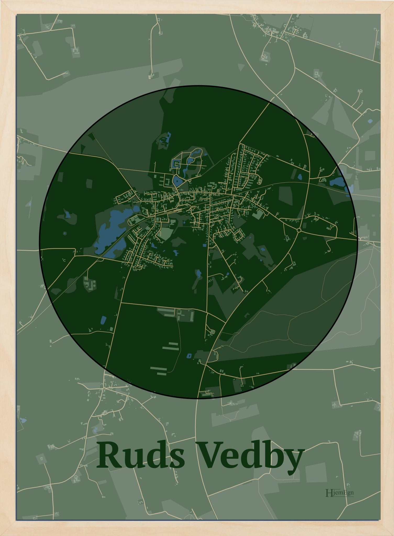 Ruds Vedby plakat i farve mørk grøn og HjemEgn.dk design centrum. Design bykort for Ruds Vedby