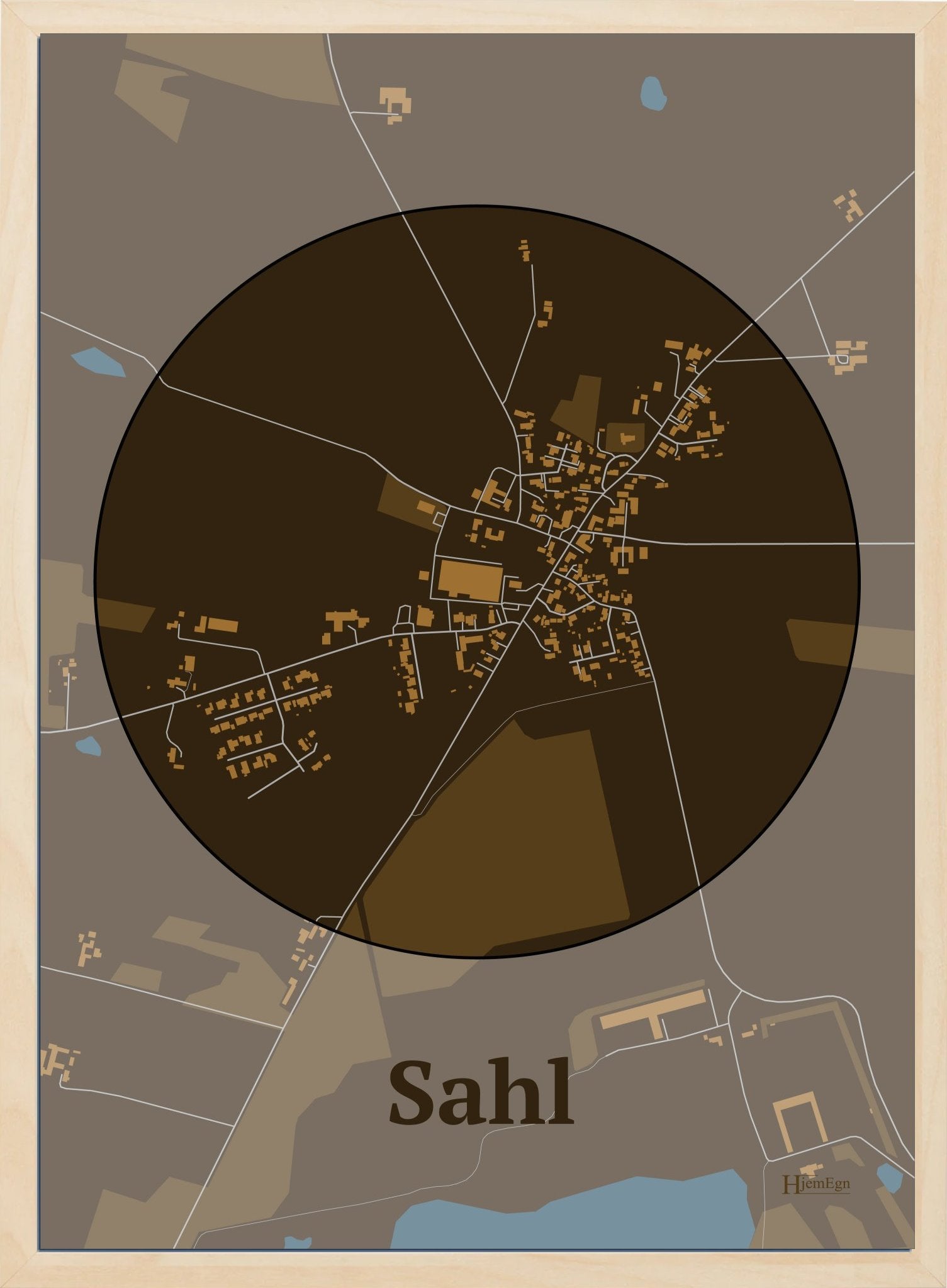 Sahl plakat i farve mørk brun og HjemEgn.dk design centrum. Design bykort for Sahl