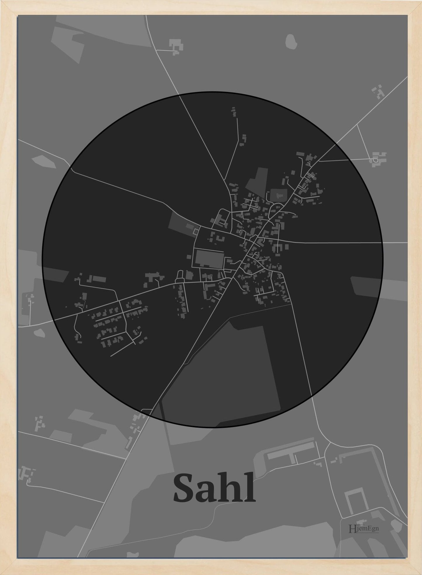 Sahl plakat i farve mørk grå og HjemEgn.dk design centrum. Design bykort for Sahl