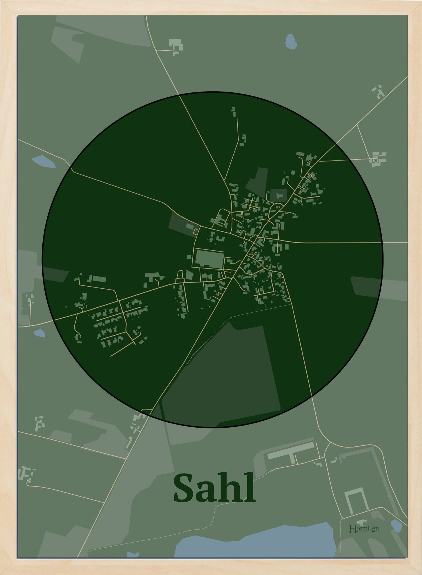 Sahl plakat i farve mørk grøn og HjemEgn.dk design centrum. Design bykort for Sahl