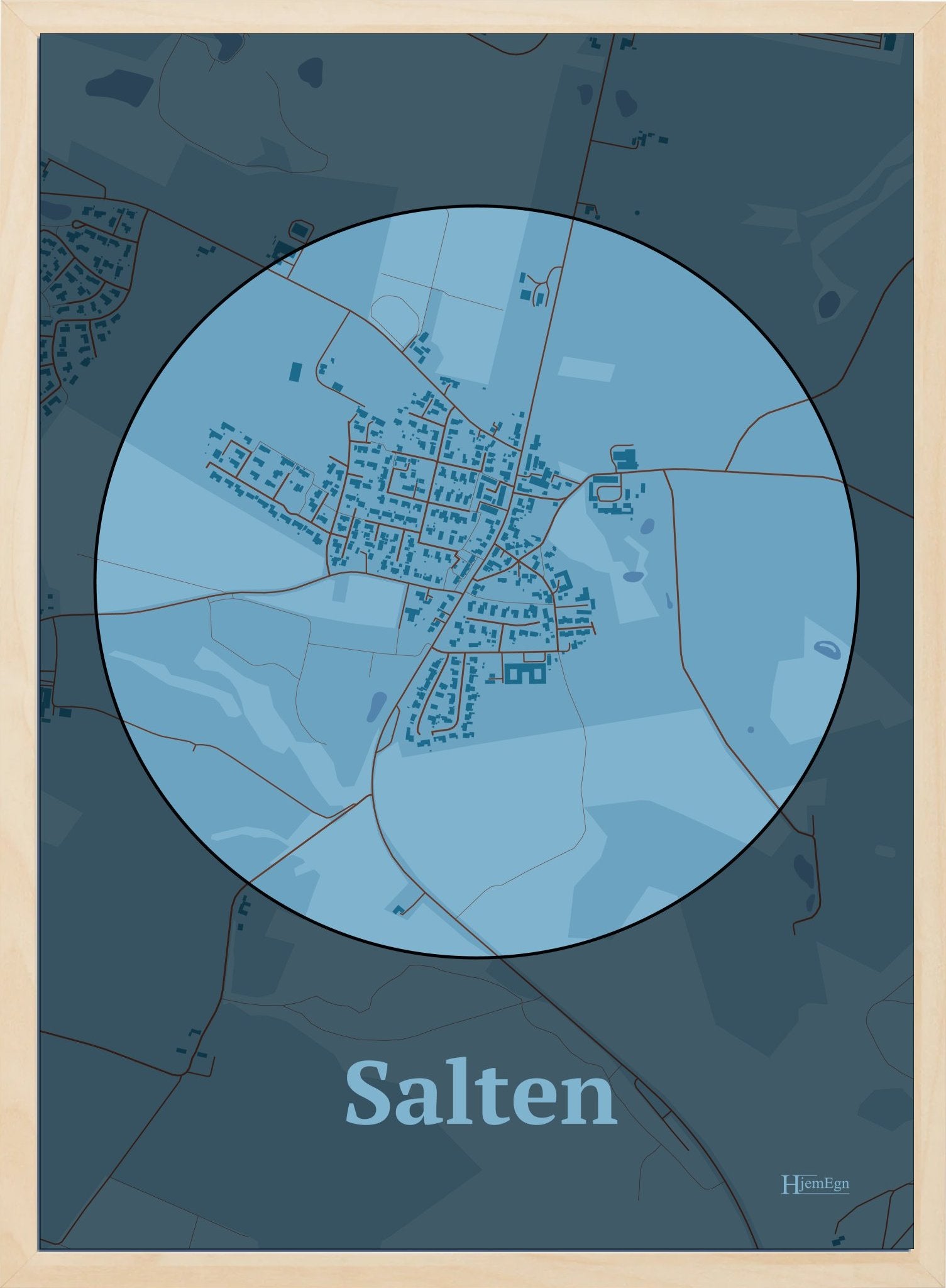 Salten plakat i farve pastel blå og HjemEgn.dk design centrum. Design bykort for Salten