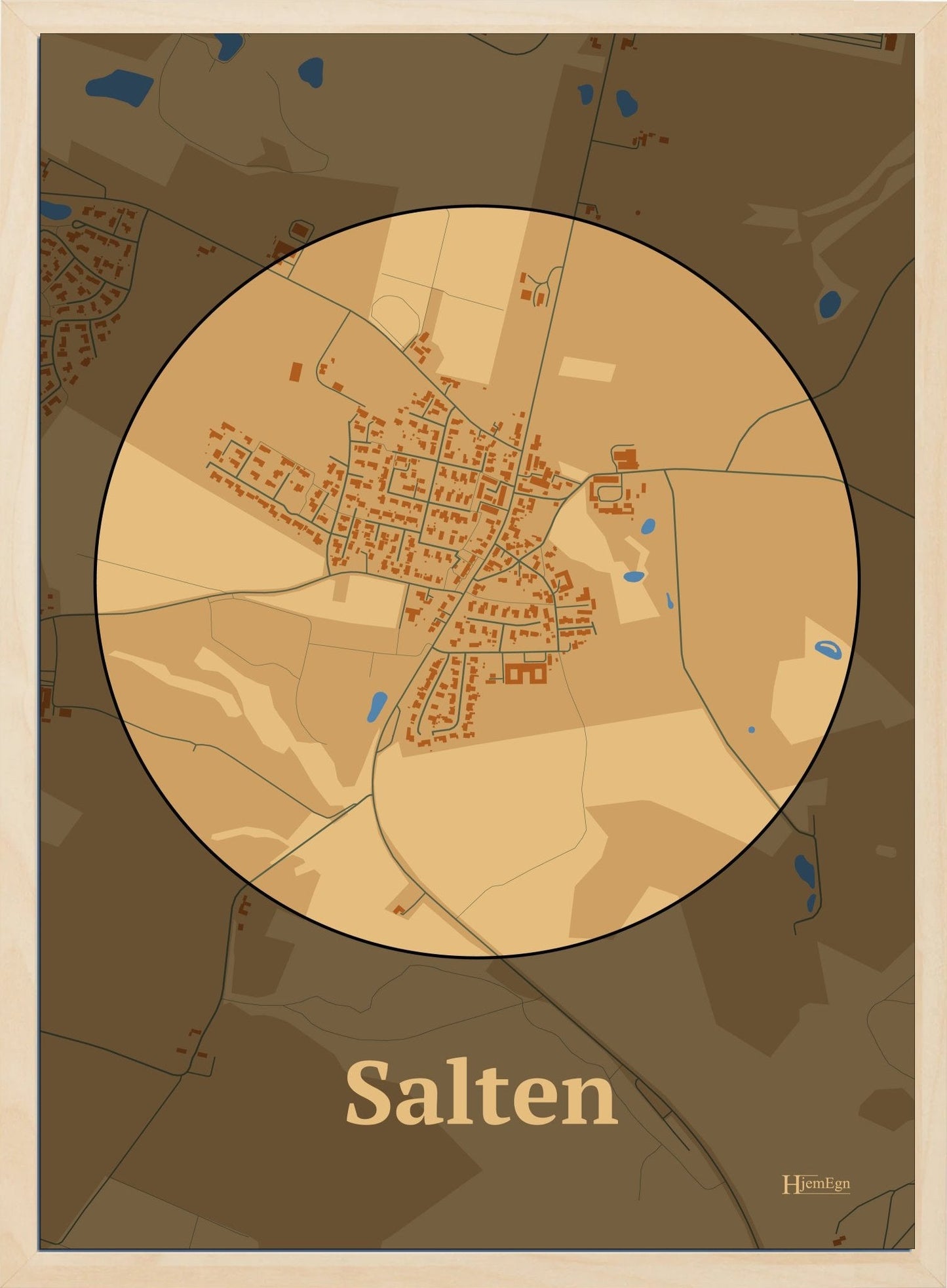 Salten plakat i farve pastel brun og HjemEgn.dk design centrum. Design bykort for Salten