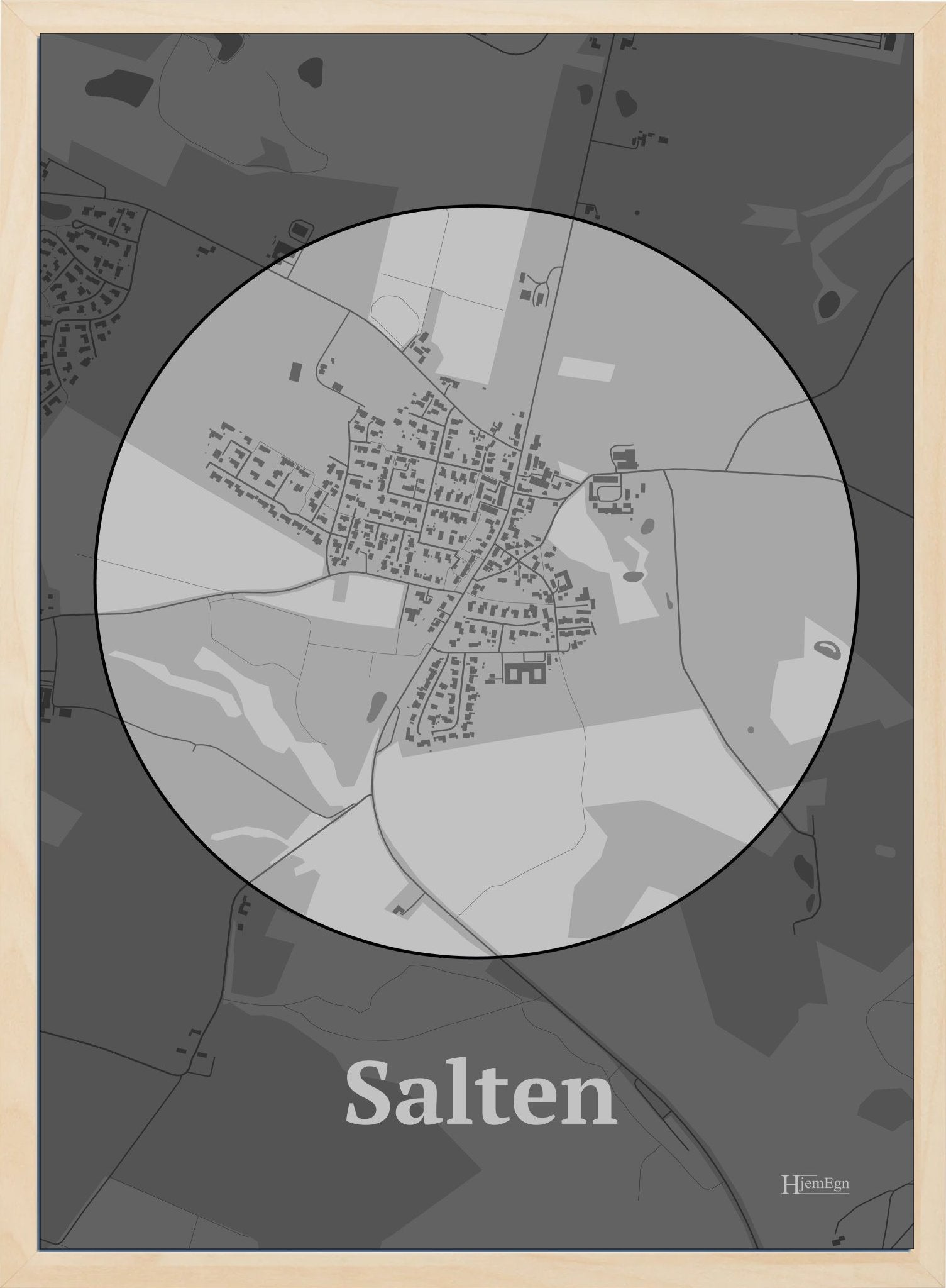 Salten plakat i farve pastel grå og HjemEgn.dk design centrum. Design bykort for Salten