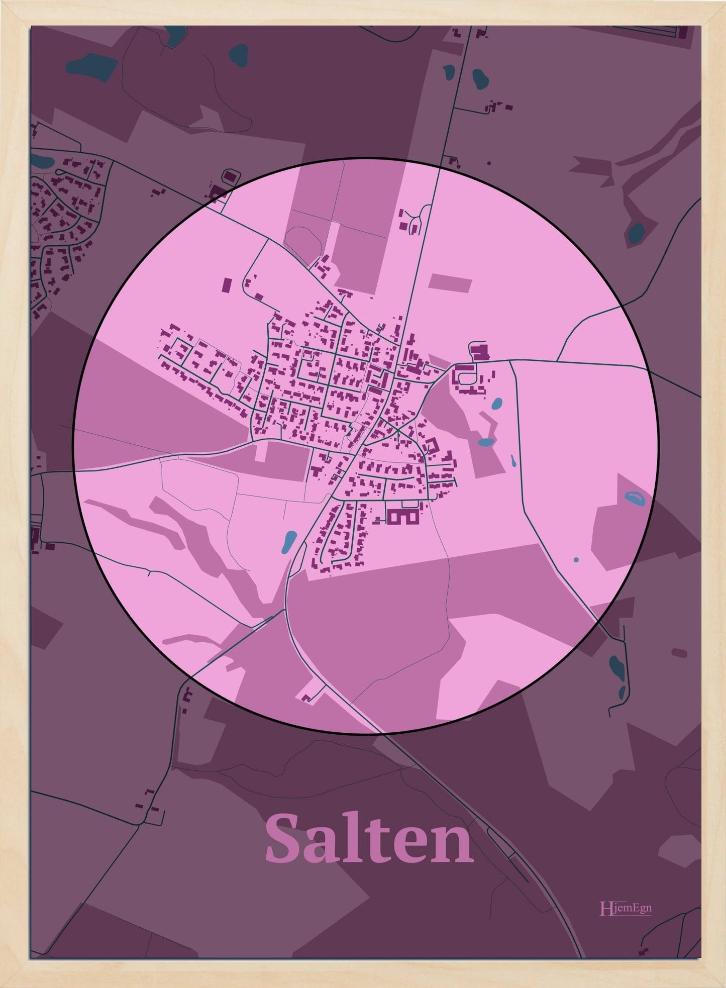 Salten plakat i farve pastel rød og HjemEgn.dk design centrum. Design bykort for Salten