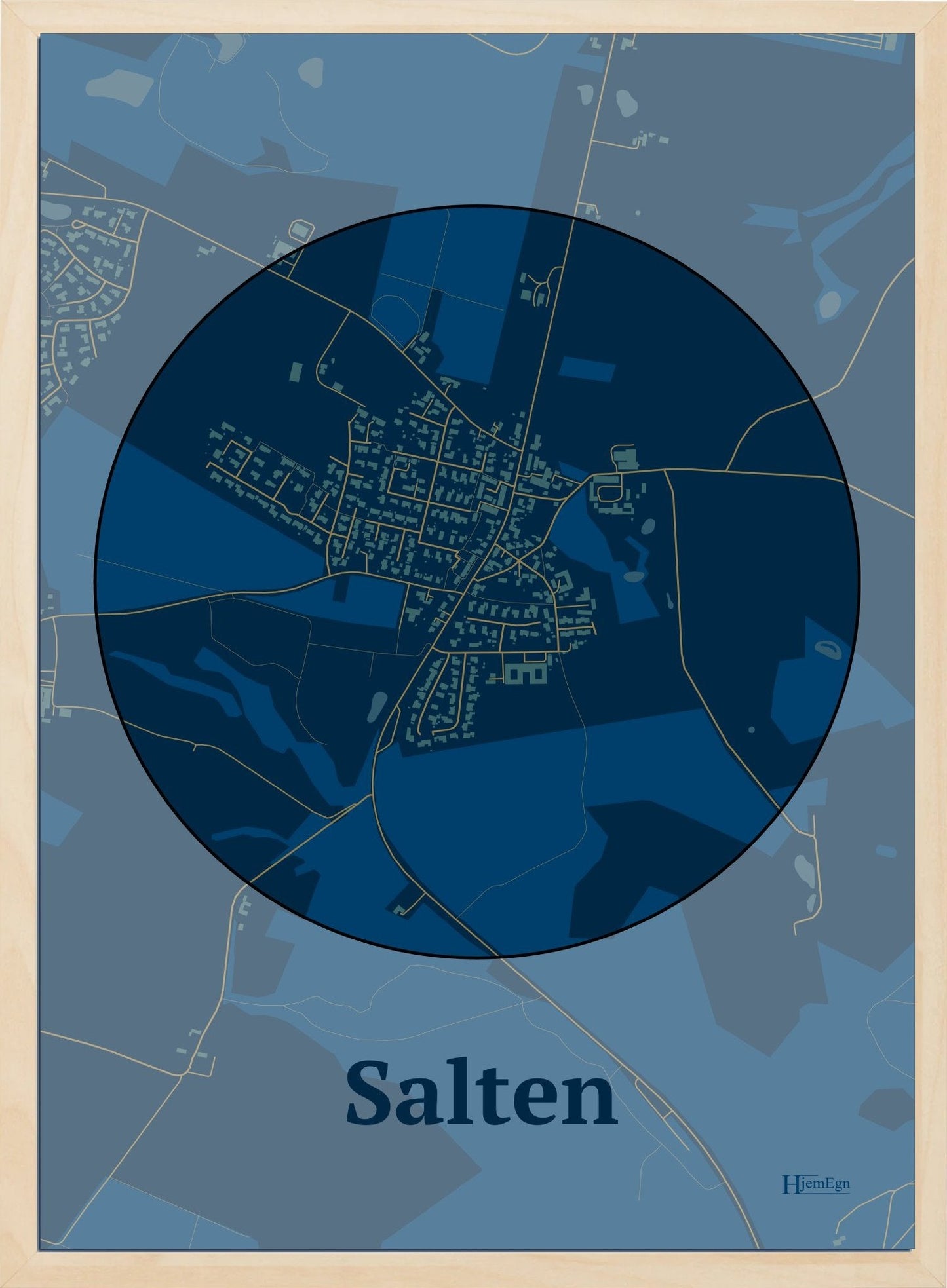 Salten plakat i farve mørk blå og HjemEgn.dk design centrum. Design bykort for Salten