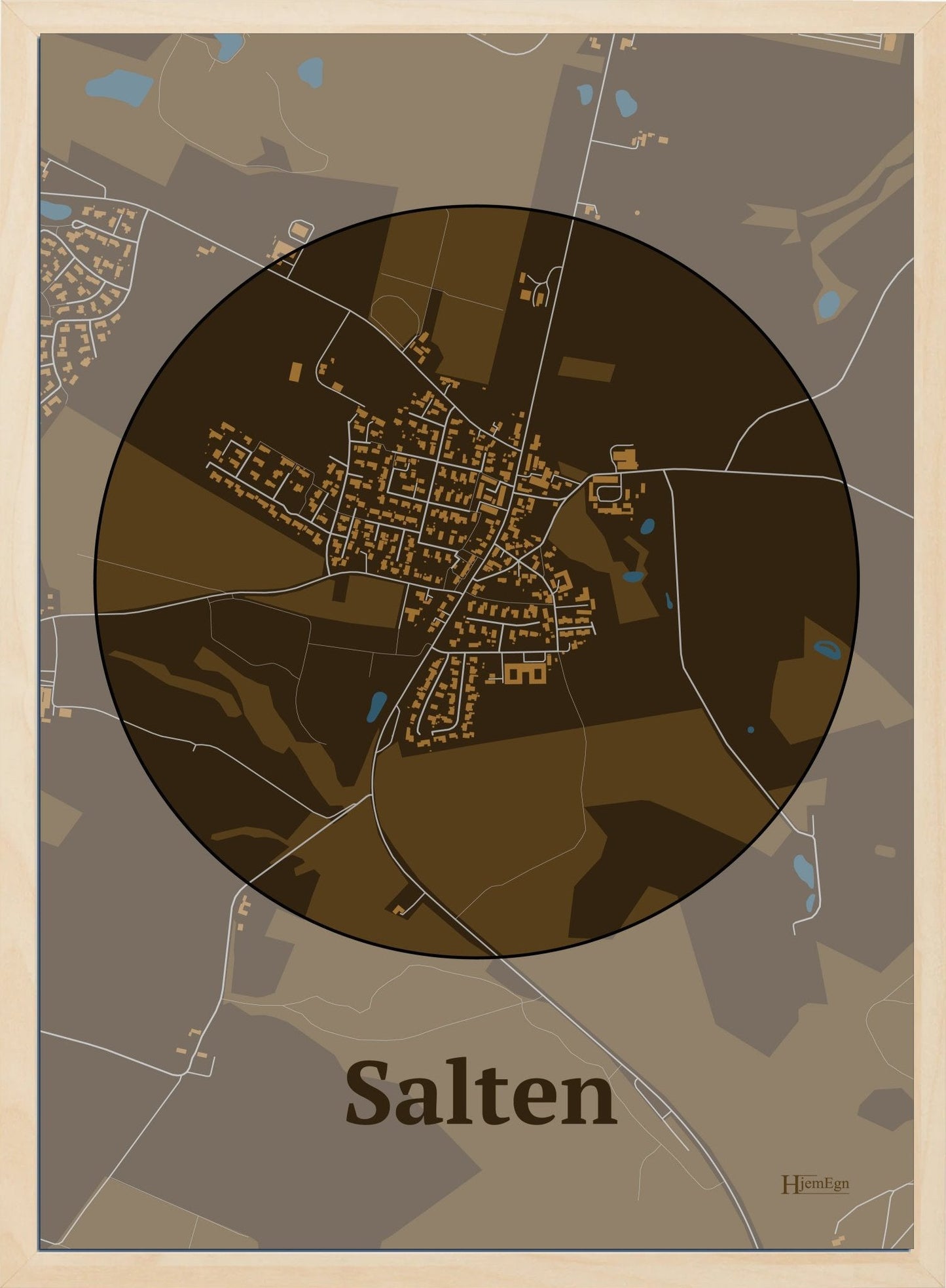 Salten plakat i farve mørk brun og HjemEgn.dk design centrum. Design bykort for Salten