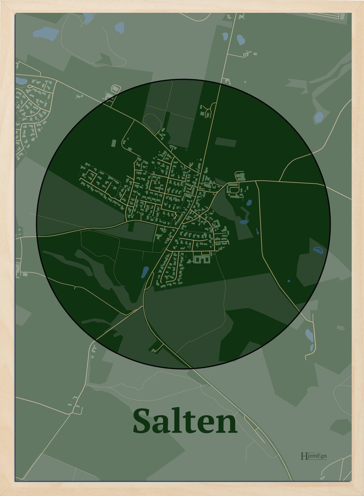 Salten plakat i farve mørk grøn og HjemEgn.dk design centrum. Design bykort for Salten