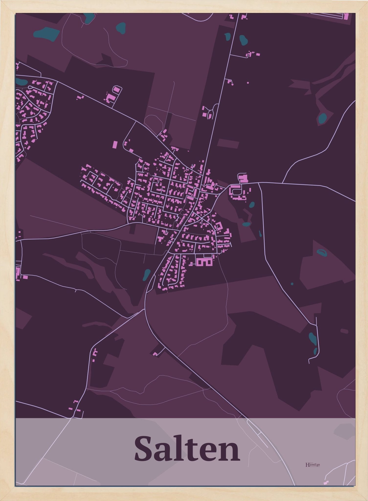 Salten plakat i farve mørk rød og HjemEgn.dk design firkantet. Design bykort for Salten