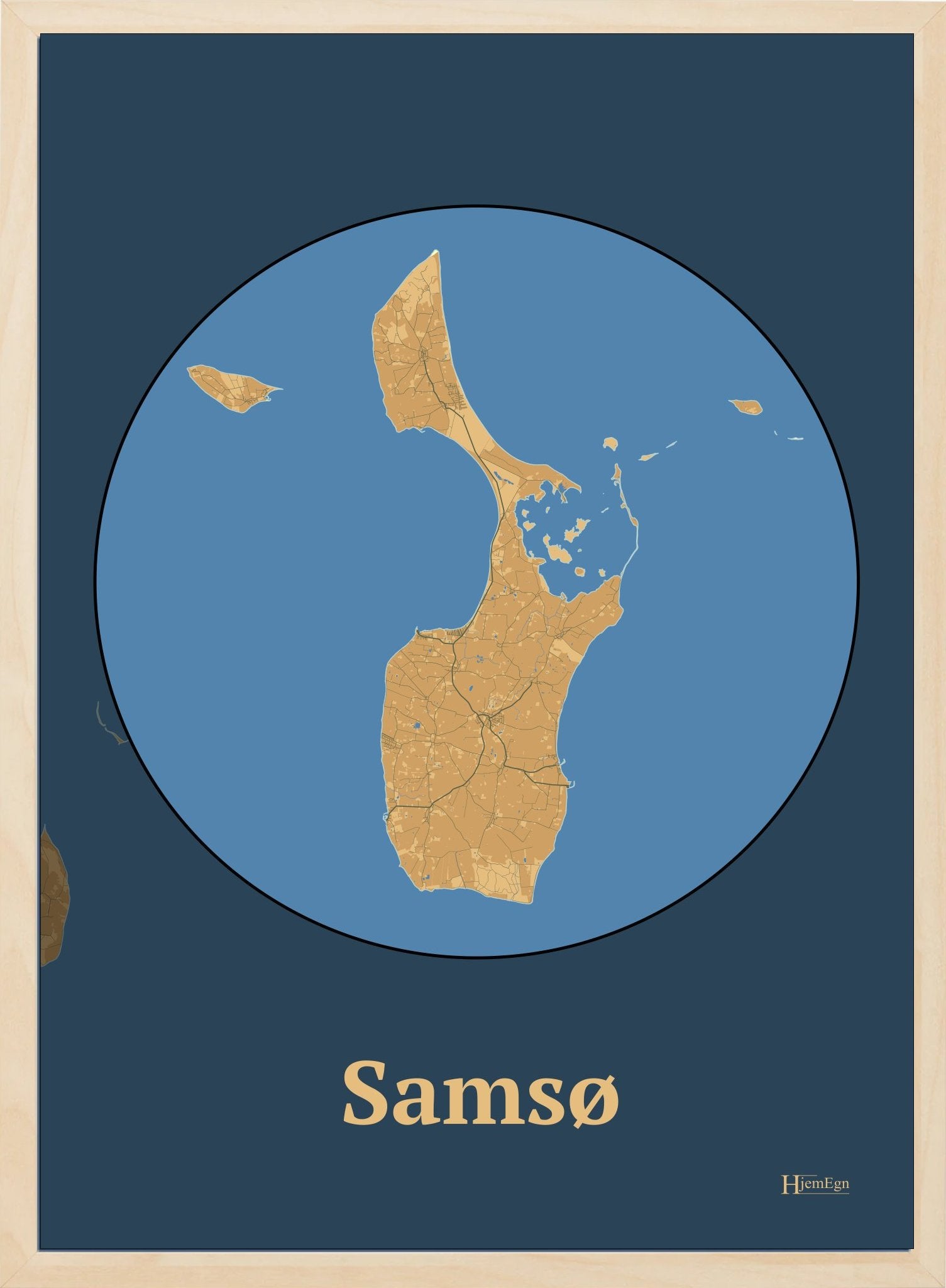 Samsø plakat i farve pastel brun og HjemEgn.dk design centrum. Design ø-kort for Samsø