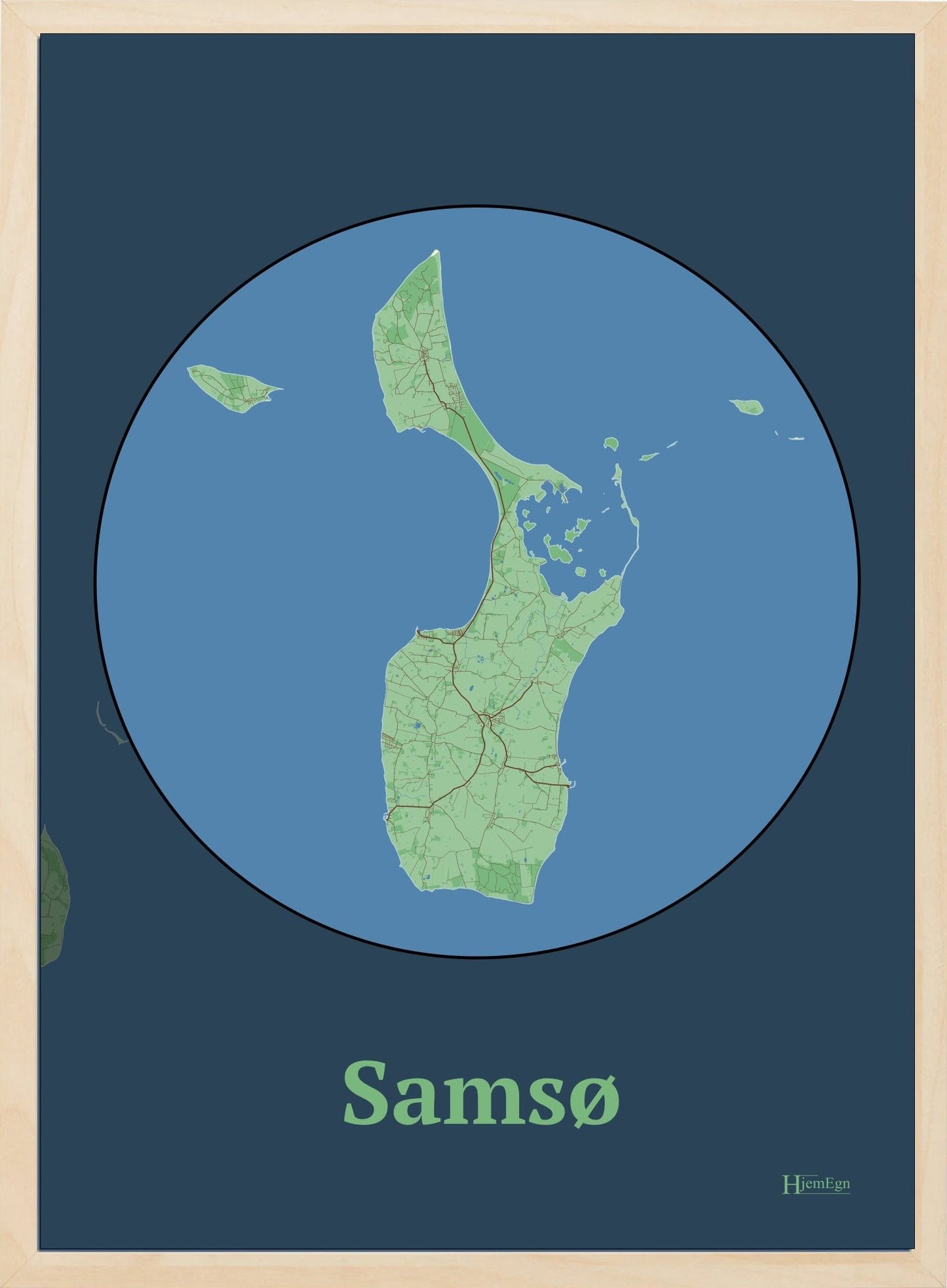 Samsø plakat i farve pastel grøn og HjemEgn.dk design centrum. Design ø-kort for Samsø