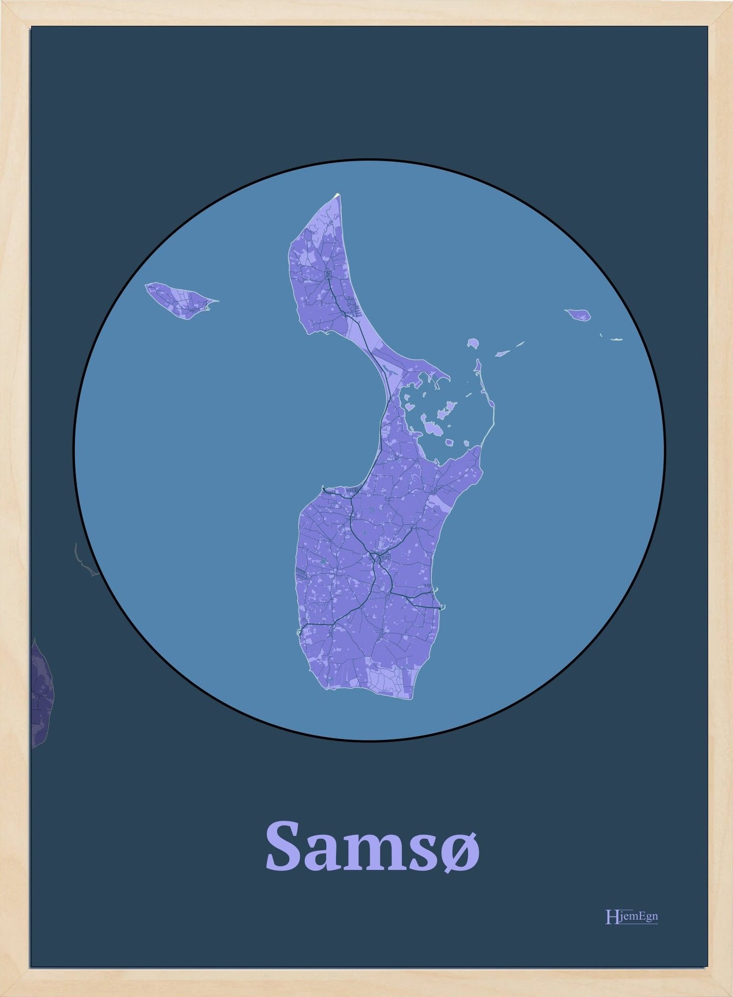 Samsø plakat i farve pastel lilla og HjemEgn.dk design centrum. Design ø-kort for Samsø