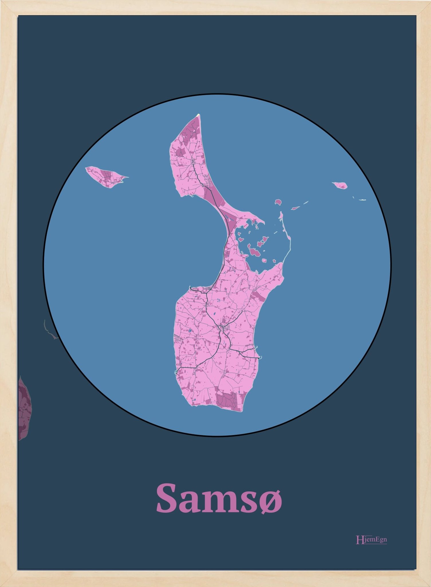 Samsø plakat i farve pastel rød og HjemEgn.dk design centrum. Design ø-kort for Samsø