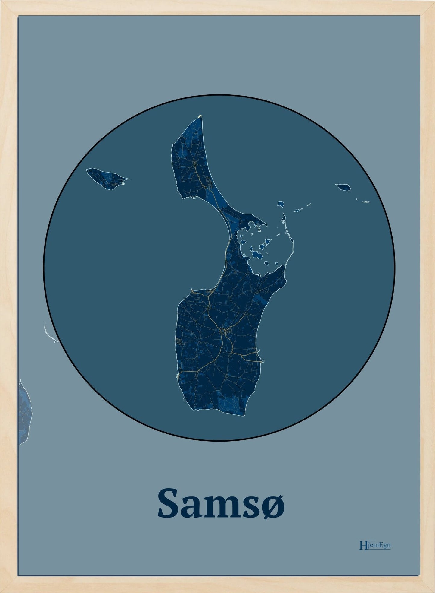 Samsø plakat i farve mørk blå og HjemEgn.dk design centrum. Design ø-kort for Samsø