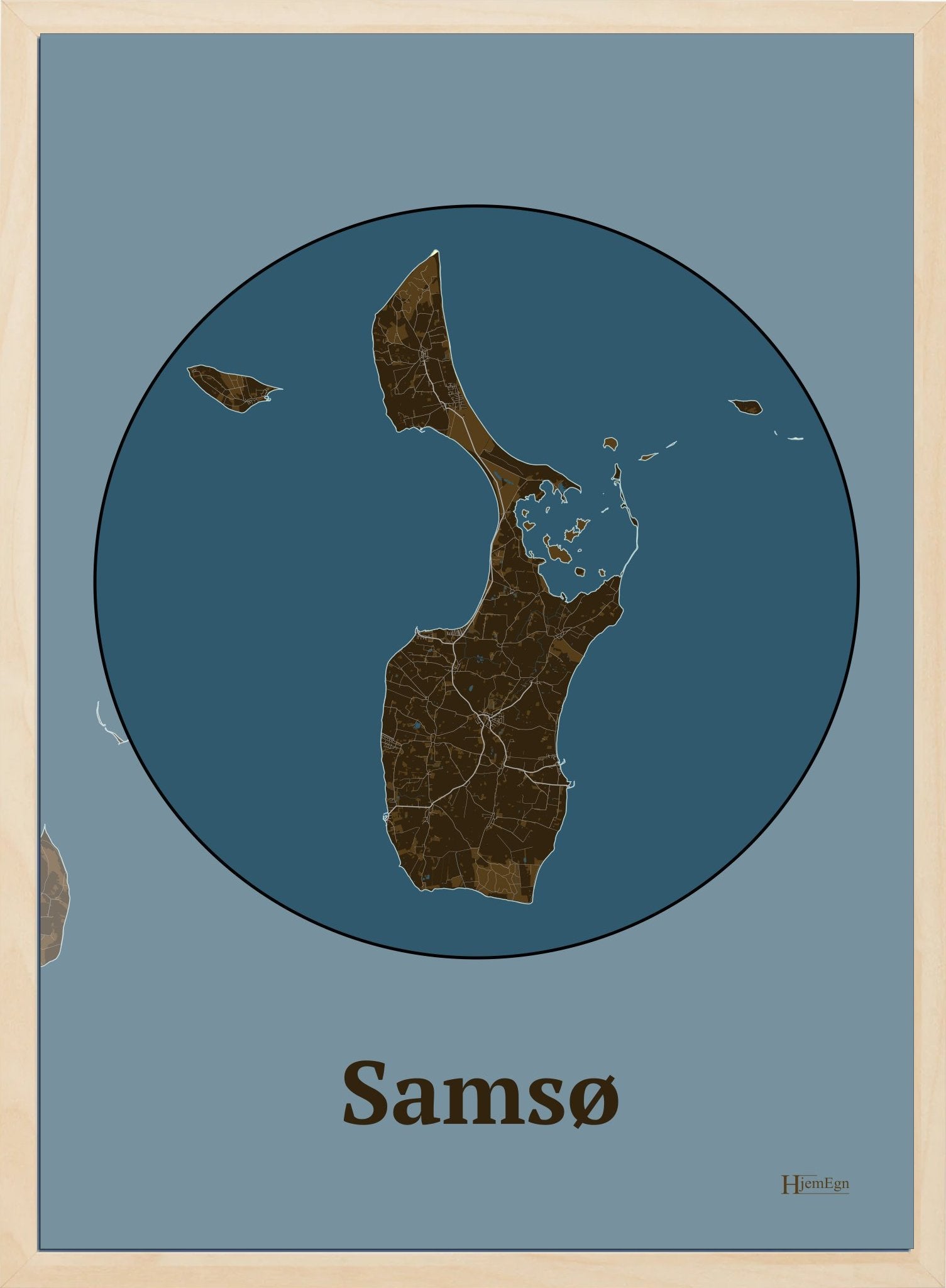 Samsø plakat i farve mørk brun og HjemEgn.dk design centrum. Design ø-kort for Samsø
