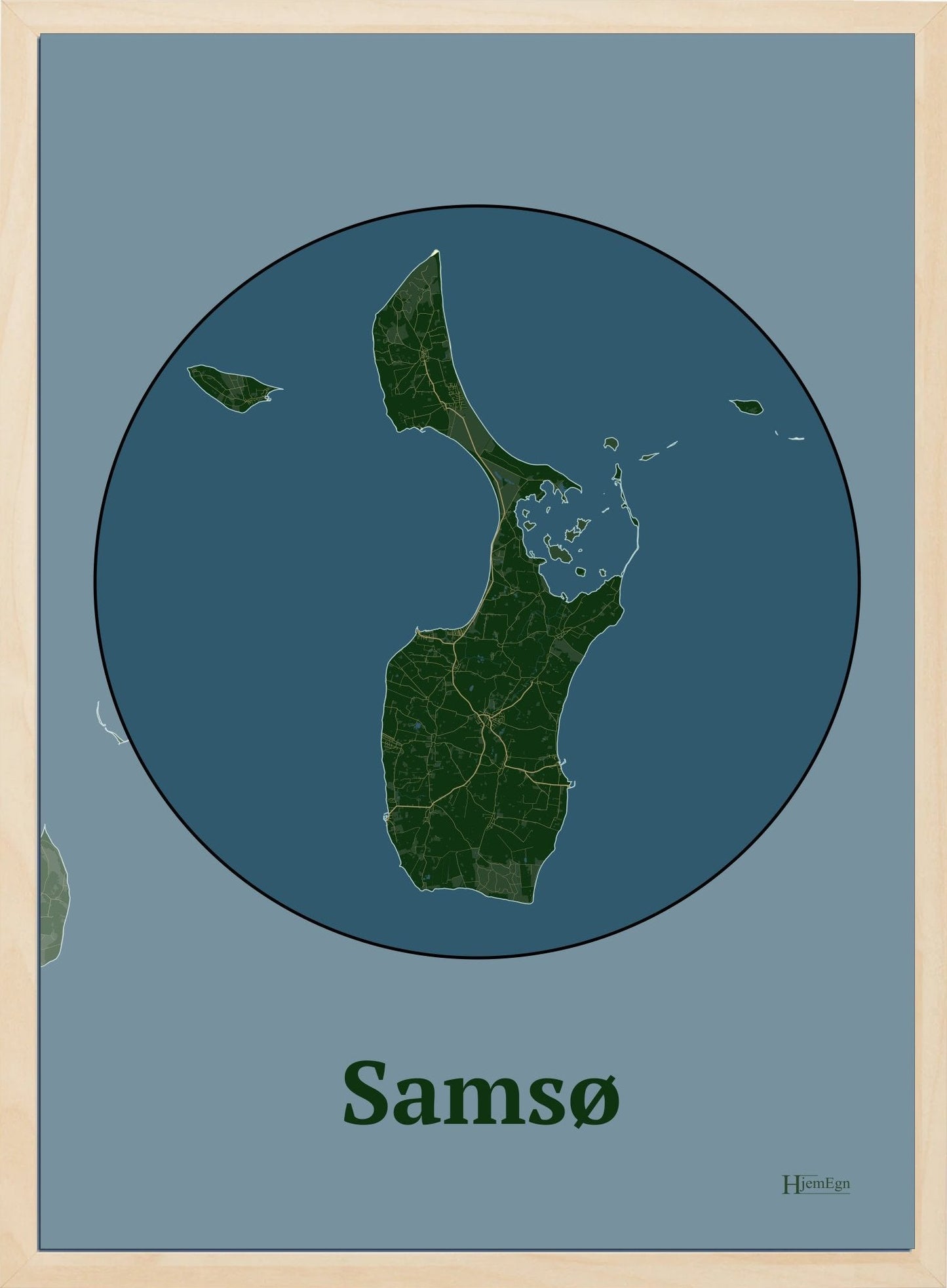 Samsø plakat i farve mørk grøn og HjemEgn.dk design centrum. Design ø-kort for Samsø