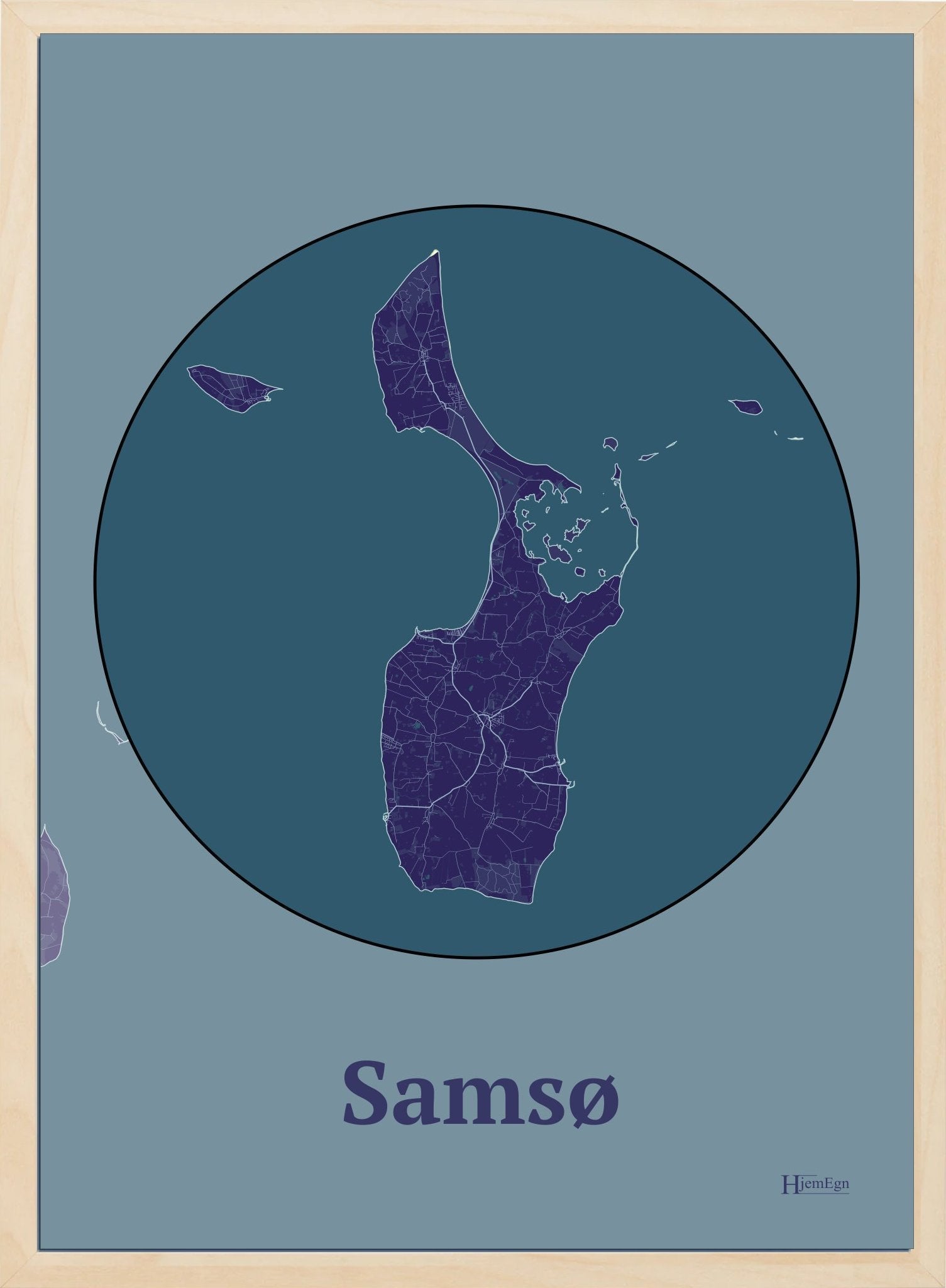 Samsø plakat i farve mørk lilla og HjemEgn.dk design centrum. Design ø-kort for Samsø