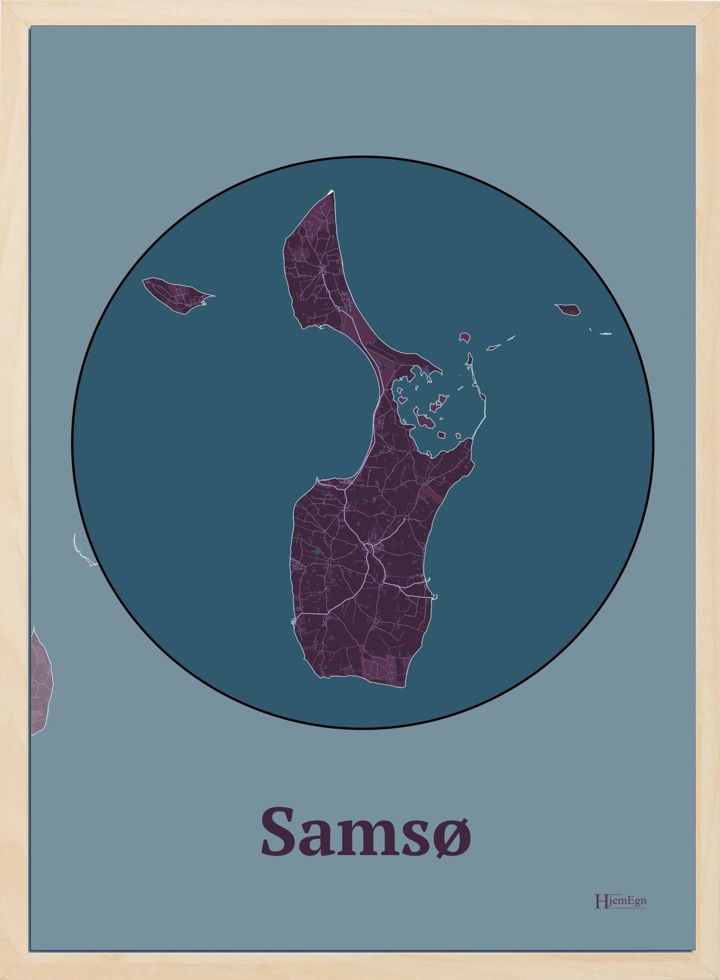 Samsø plakat i farve mørk rød og HjemEgn.dk design centrum. Design ø-kort for Samsø
