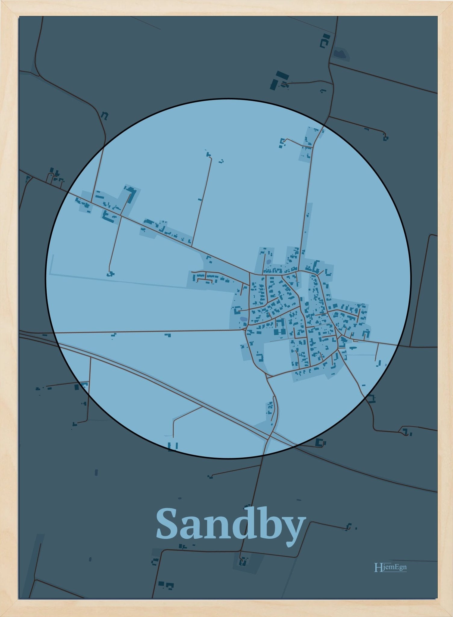 Sandby plakat i farve pastel blå og HjemEgn.dk design centrum. Design bykort for Sandby
