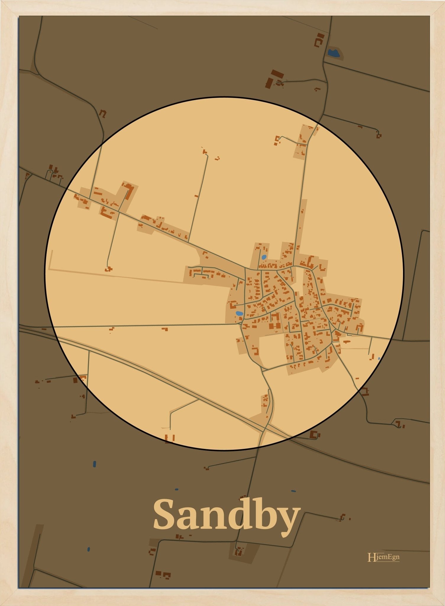 Sandby plakat i farve pastel brun og HjemEgn.dk design centrum. Design bykort for Sandby