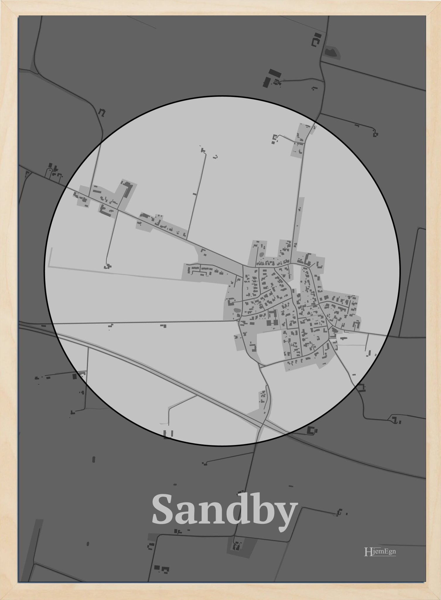 Sandby plakat i farve pastel grå og HjemEgn.dk design centrum. Design bykort for Sandby