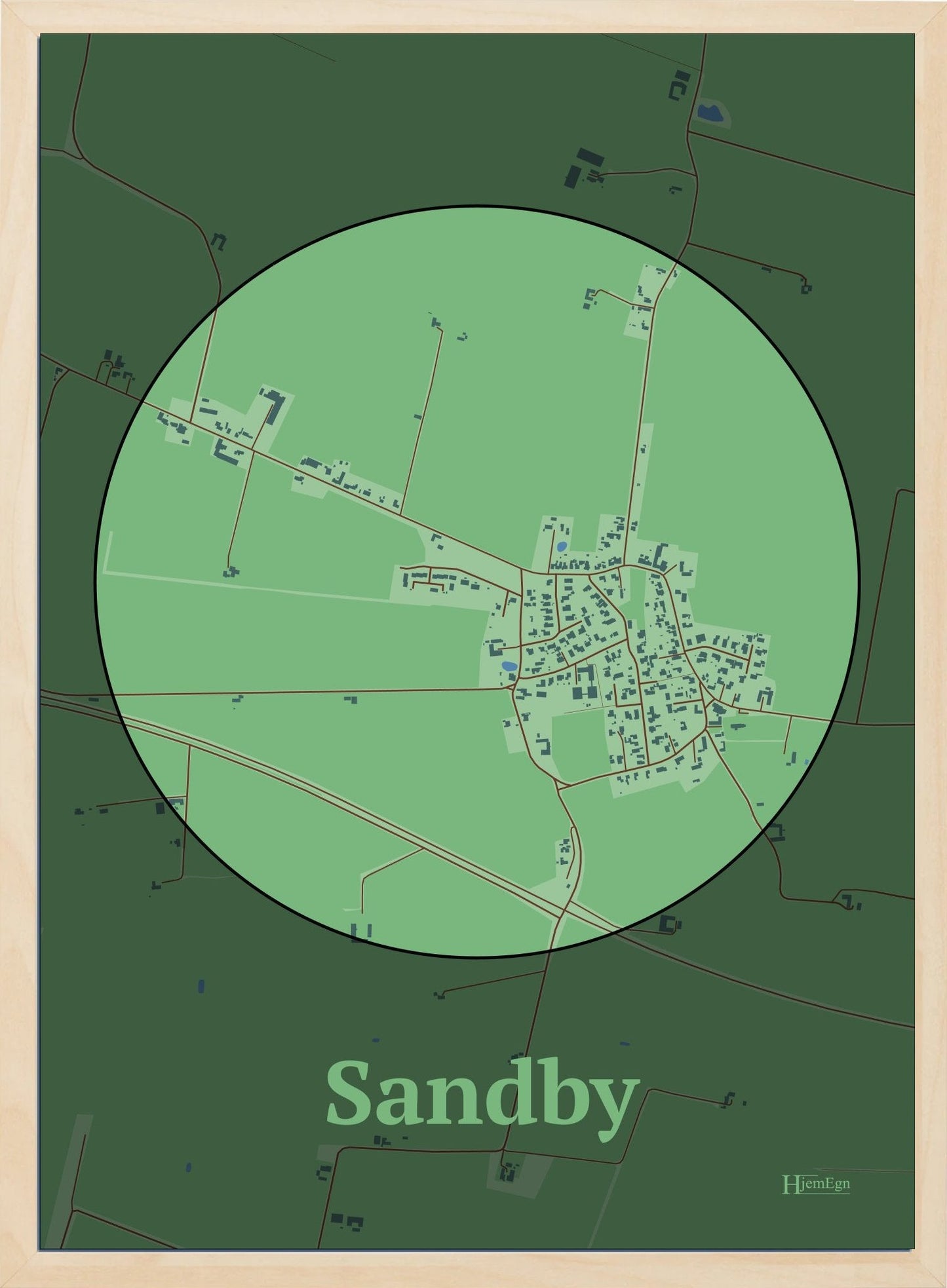Sandby plakat i farve pastel grøn og HjemEgn.dk design centrum. Design bykort for Sandby
