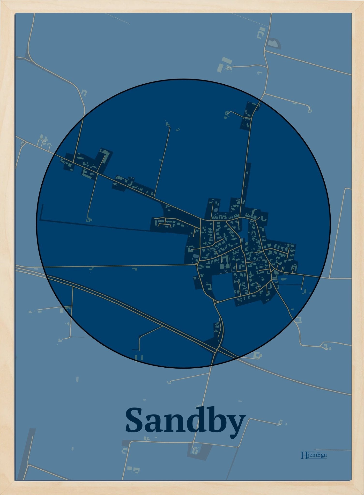 Sandby plakat i farve mørk blå og HjemEgn.dk design centrum. Design bykort for Sandby
