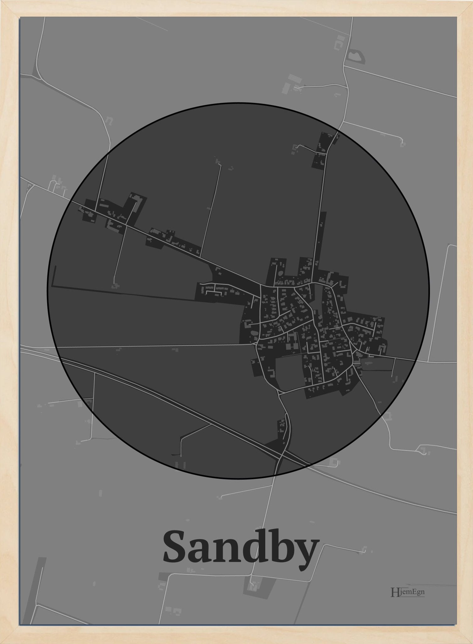 Sandby plakat i farve mørk grå og HjemEgn.dk design centrum. Design bykort for Sandby
