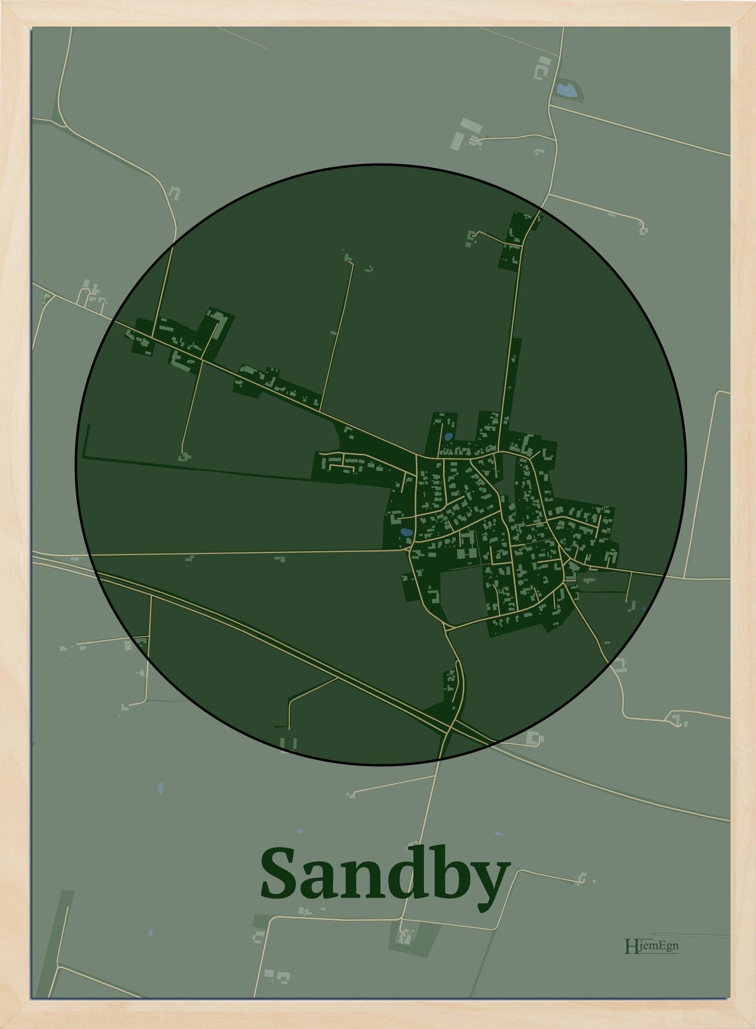 Sandby plakat i farve mørk grøn og HjemEgn.dk design centrum. Design bykort for Sandby