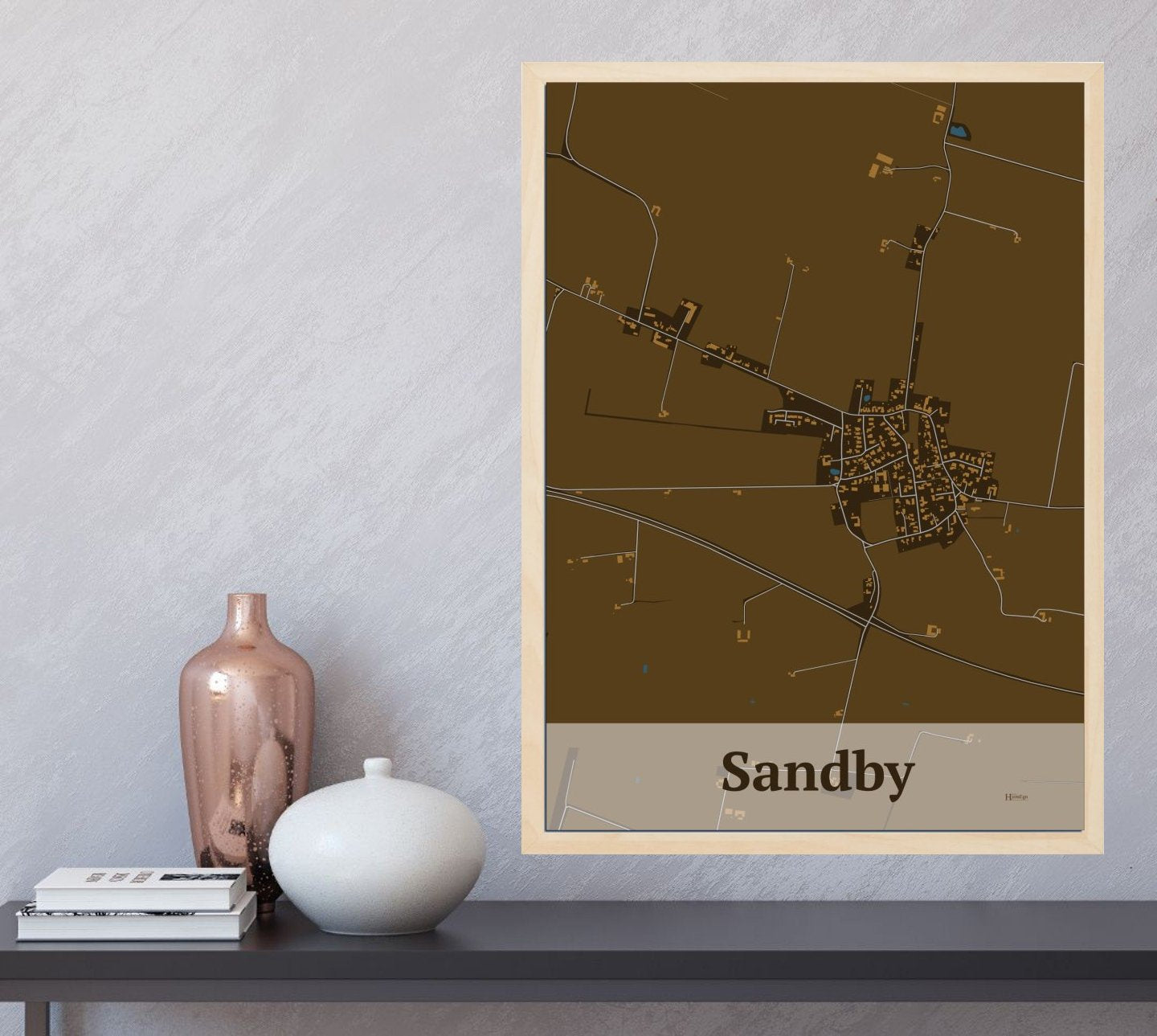 Sandby plakat i farve  og HjemEgn.dk design firkantet. Design bykort for Sandby