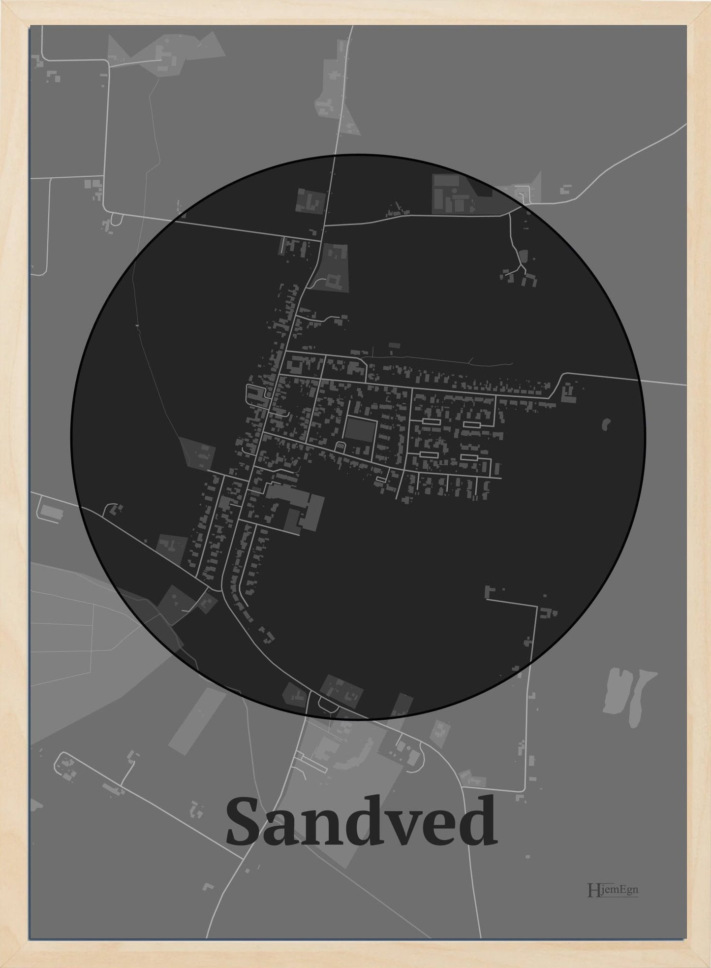 Sandved plakat i farve mørk grå og HjemEgn.dk design centrum. Design bykort for Sandved