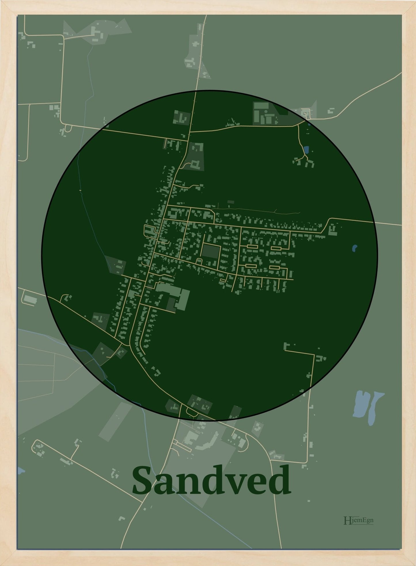 Sandved plakat i farve mørk grøn og HjemEgn.dk design centrum. Design bykort for Sandved