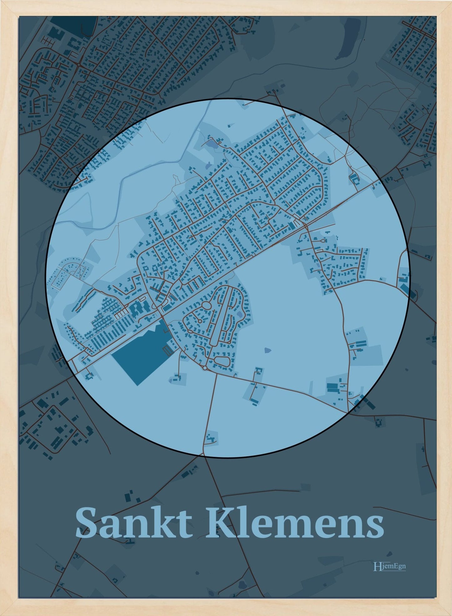 Sankt Klemens plakat i farve pastel blå og HjemEgn.dk design centrum. Design bykort for Sankt Klemens